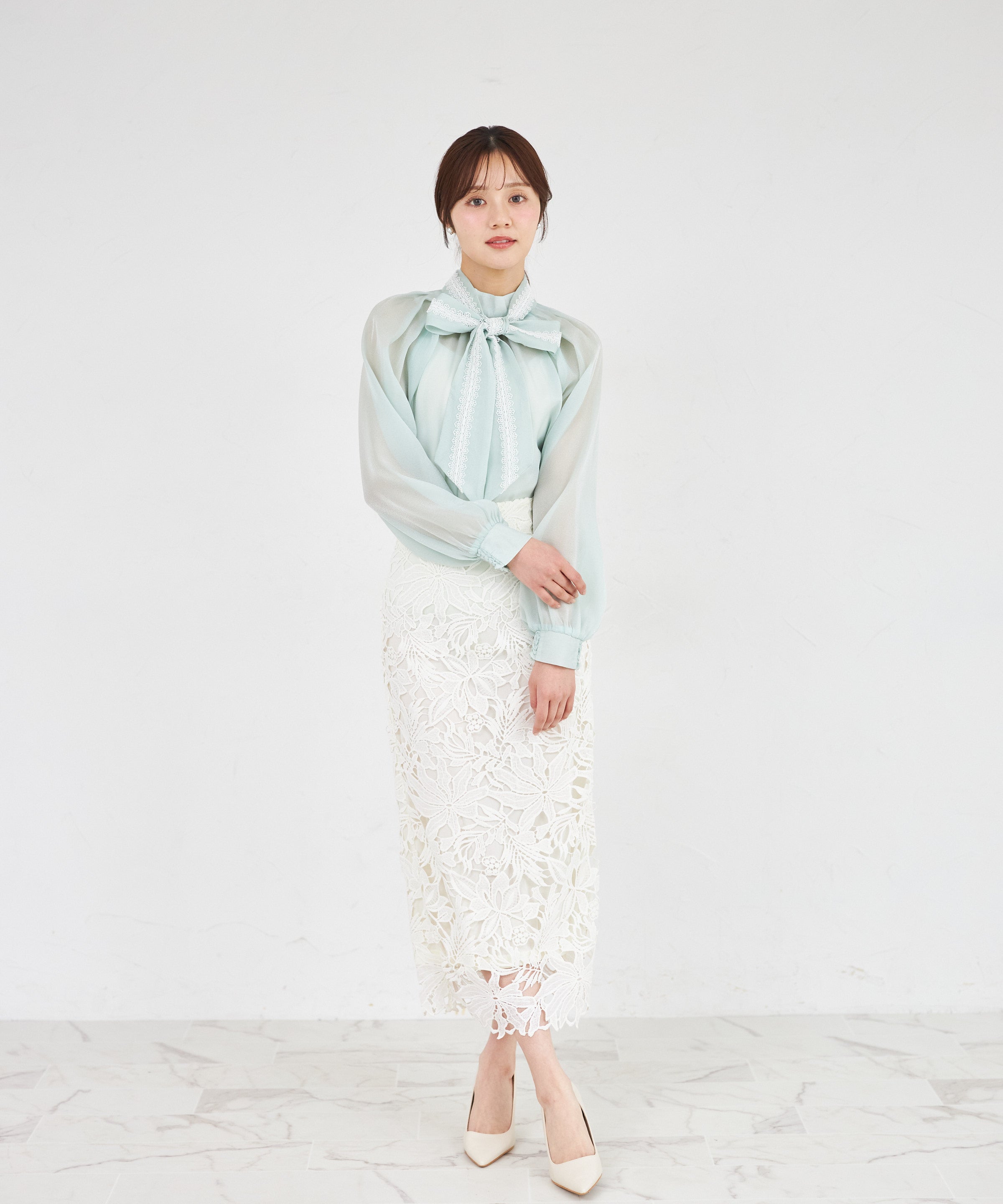 トッコクローゼット tocco closet 2WAYレースボウタイリボン付きシアーブラウス グリーン