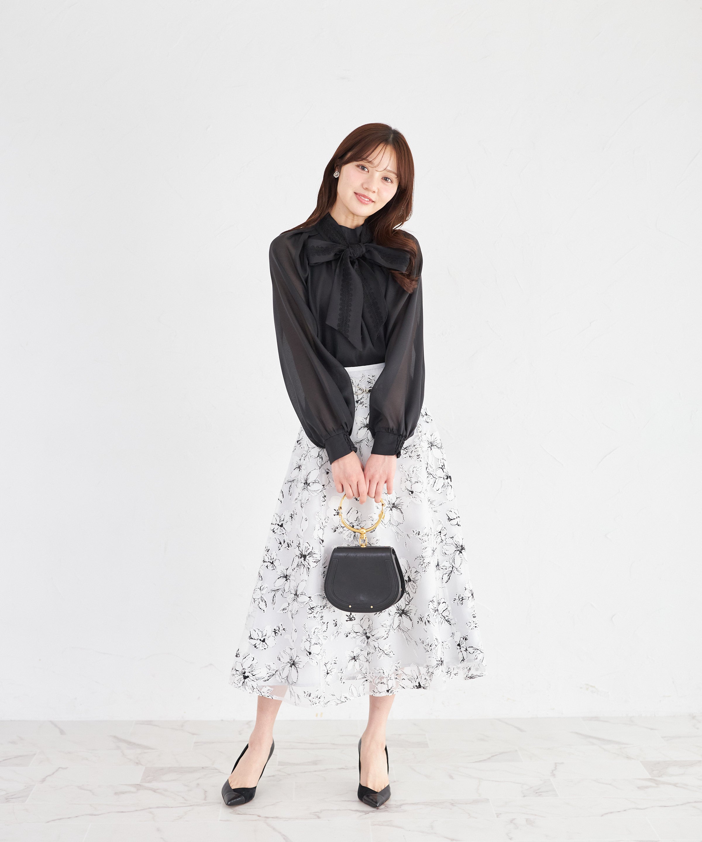 トッコクローゼット tocco closet 2WAYレースボウタイリボン付きシアーブラウス ブラック