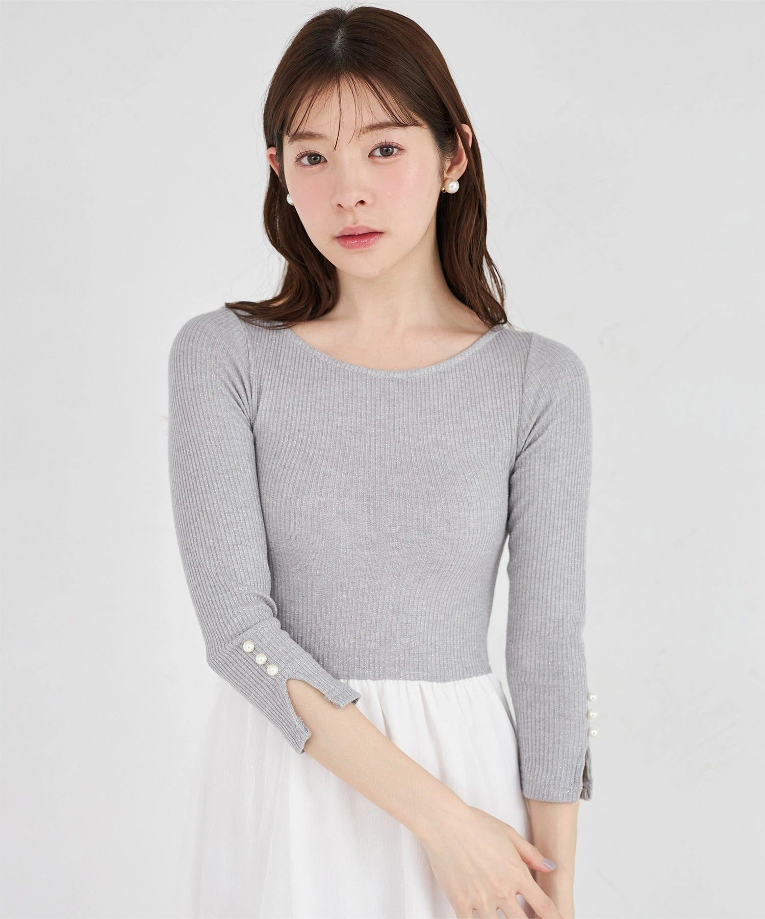 トッコクローゼット tocco closet ラメリブカットソー×イレヘムレイヤードラメシフォンドッキングワンピース グレー