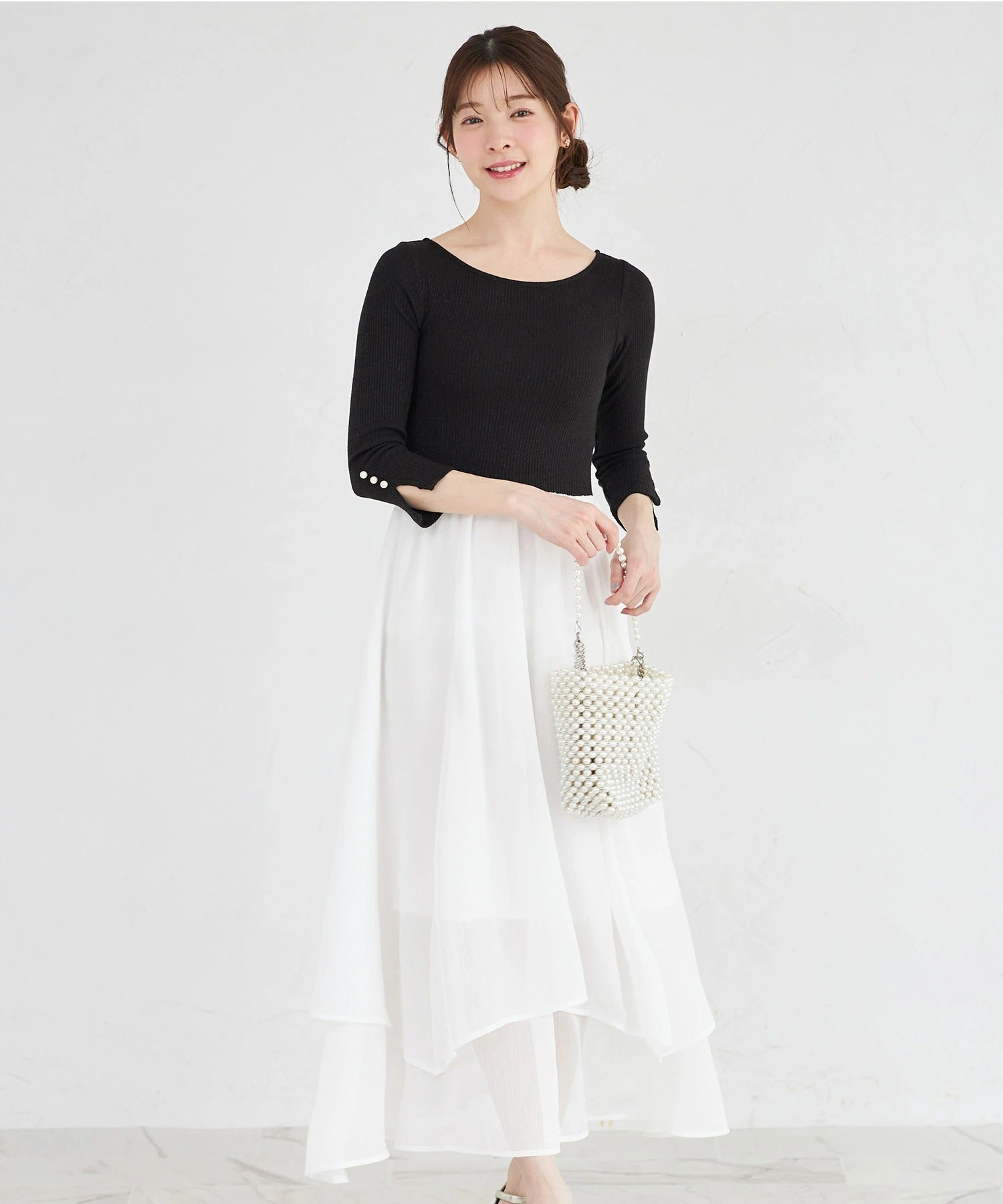 トッコクローゼット tocco closet ラメリブカットソー×イレヘムレイヤードラメシフォンドッキングワンピース ブラック