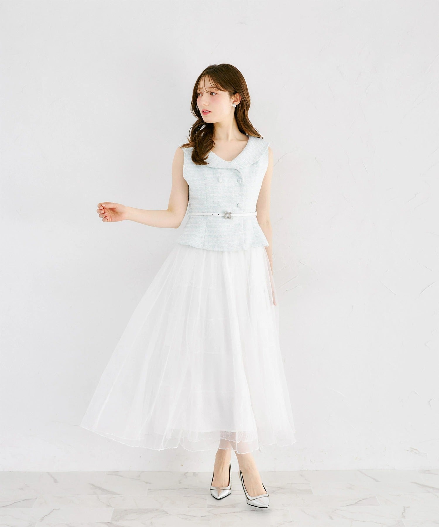 トッコクローゼット tocco closet ビジューベルト付きツイードペプラムジレ ブルー