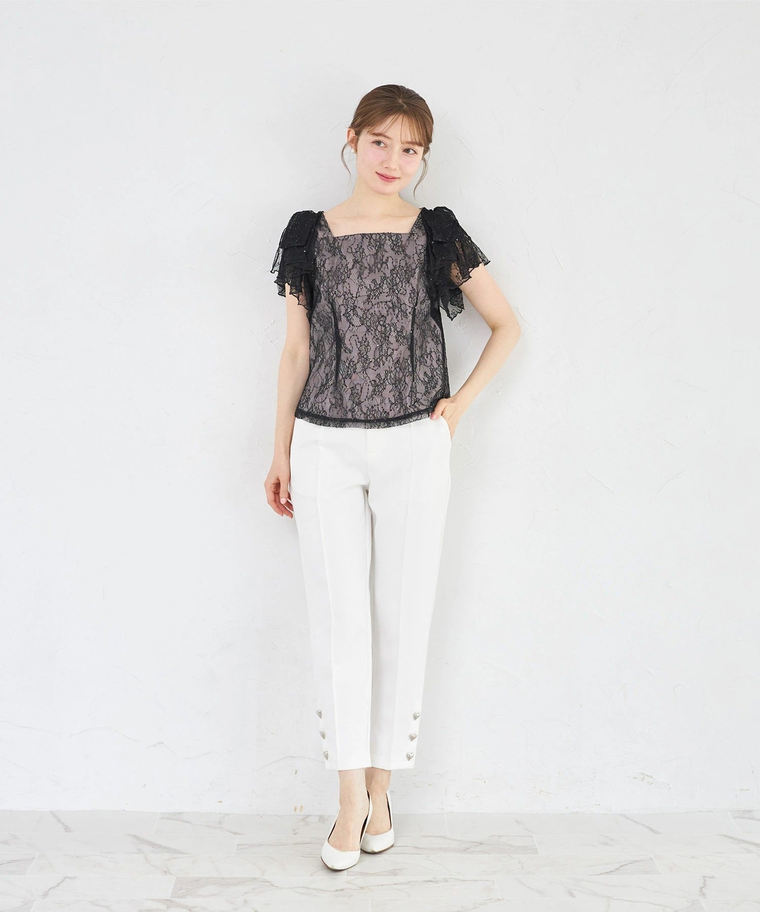 トッコクローゼット tocco closet リボンラッフルスリーブスパンコールミックスレースブラウス ブラック