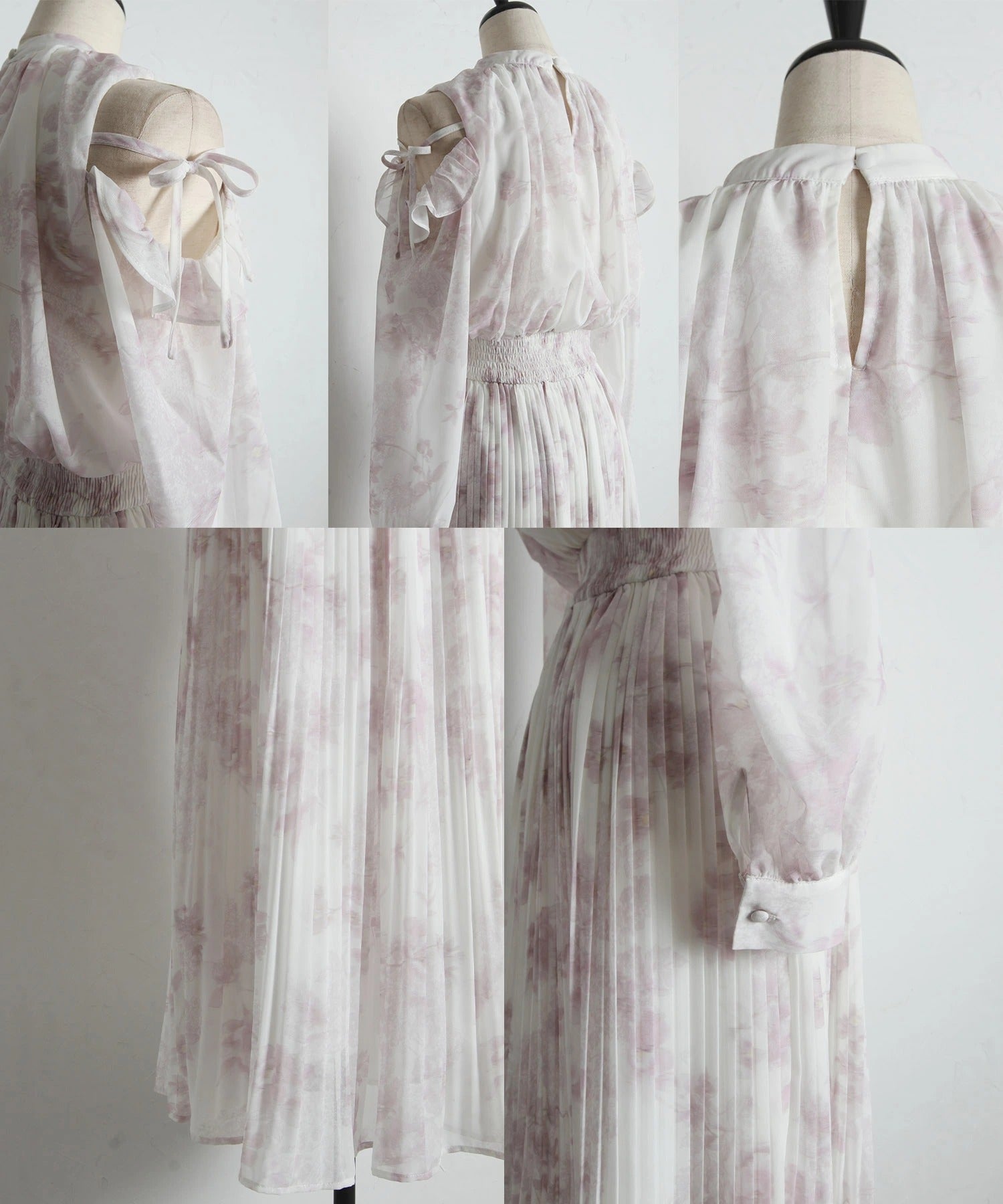 トッコクローゼット tocco closet ウエストシャーリングフラワープリント肩開きサイドリボンOP ピンク