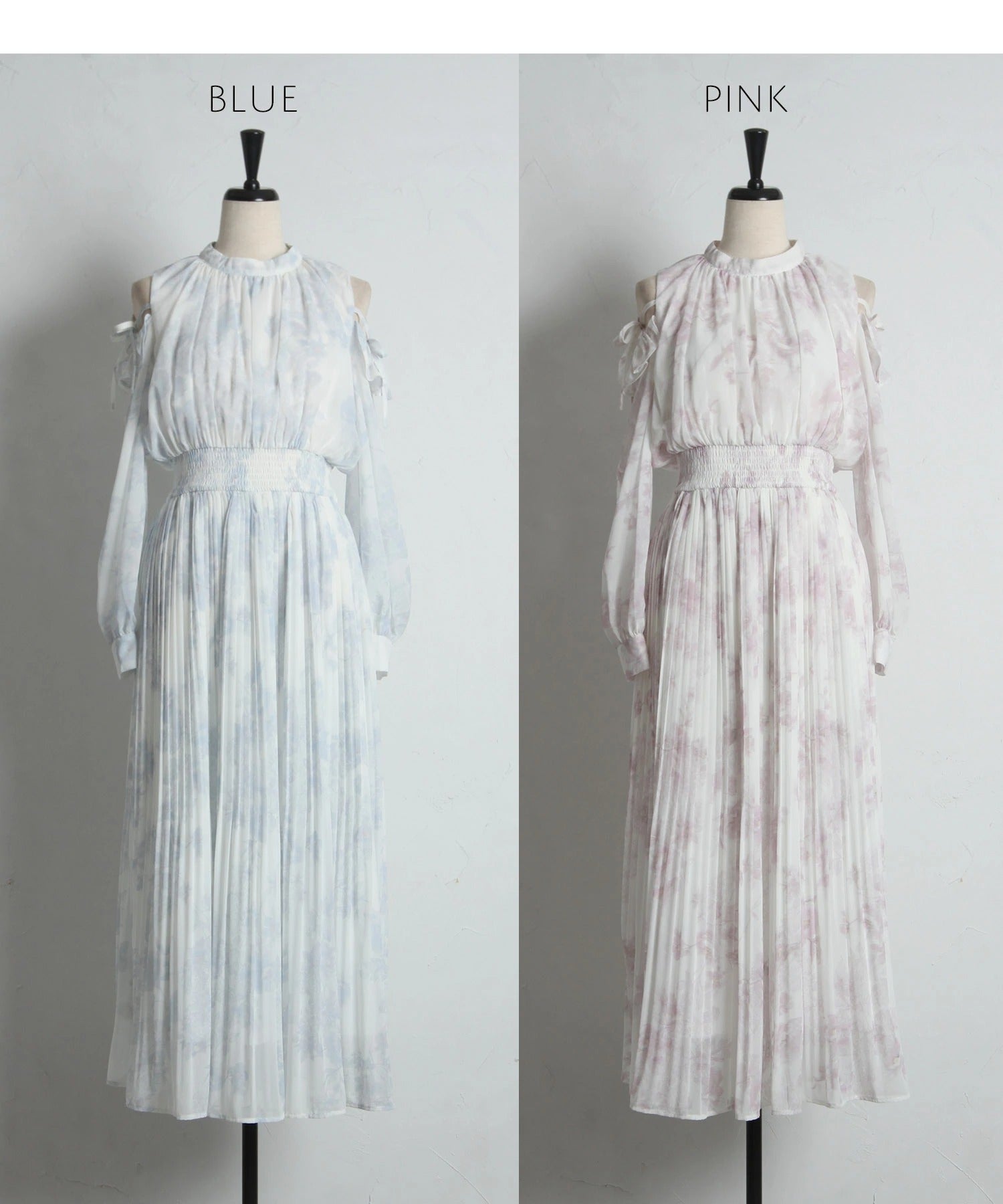 トッコクローゼット tocco closet ウエストシャーリングフラワープリント肩開きサイドリボンOP ピンク