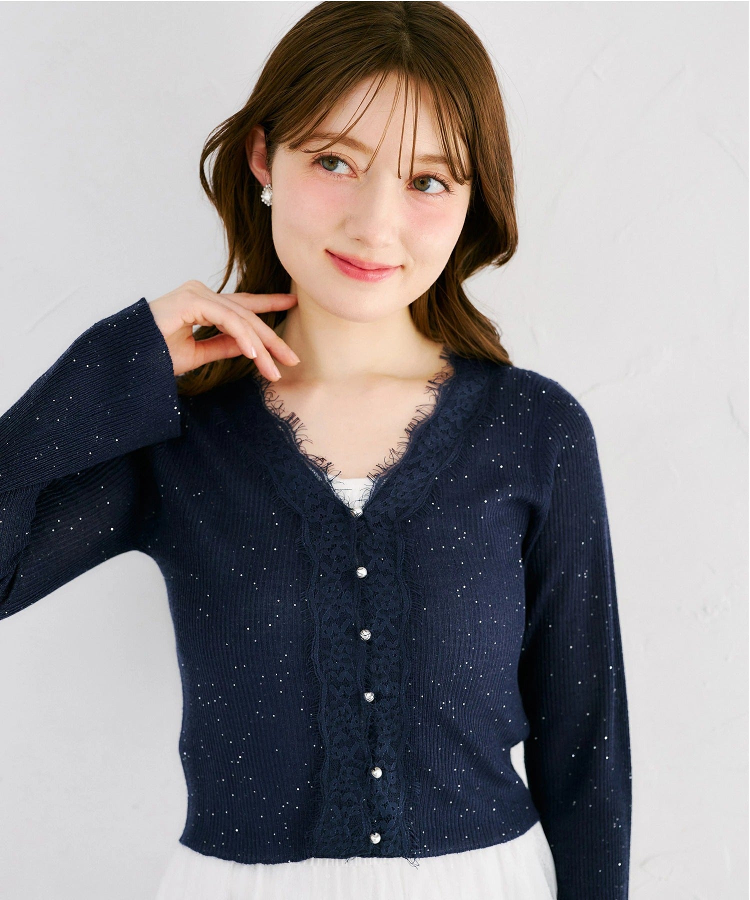 トッコクローゼット tocco closet スパンコール入りレース装飾リブニットカーディガン ネイビー
