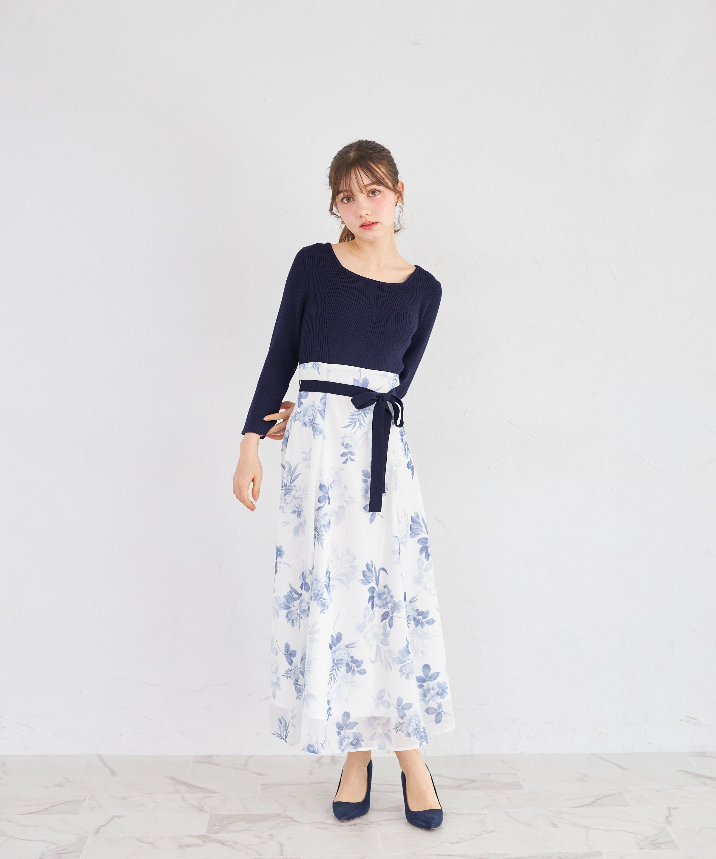 トッコクローゼット tocco closet ニットドッキングフラワーOP ネイビー