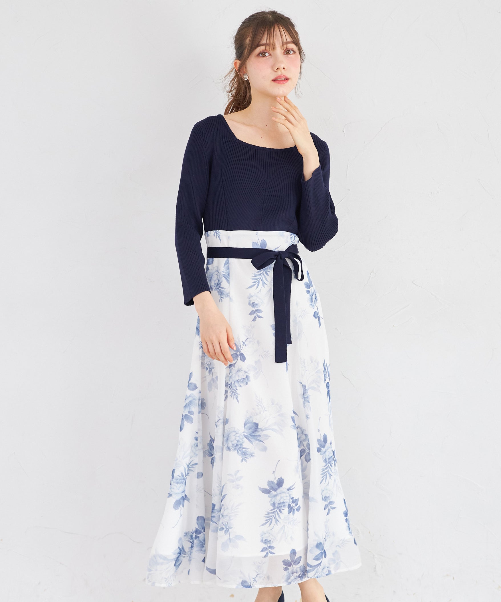 トッコクローゼット tocco closet ニットドッキングフラワーOP ネイビー