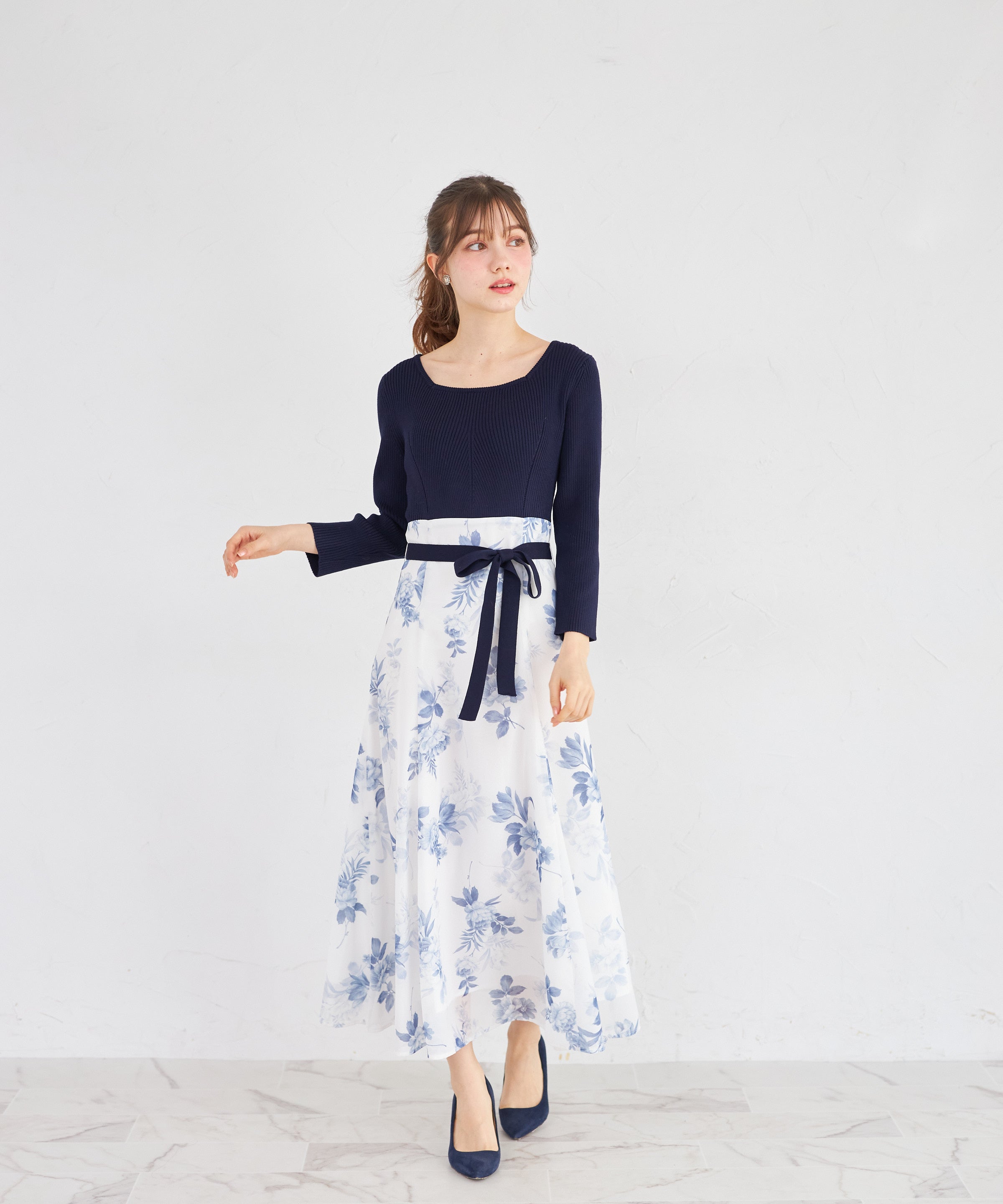 トッコクローゼット tocco closet ニットドッキングフラワーOP ネイビー