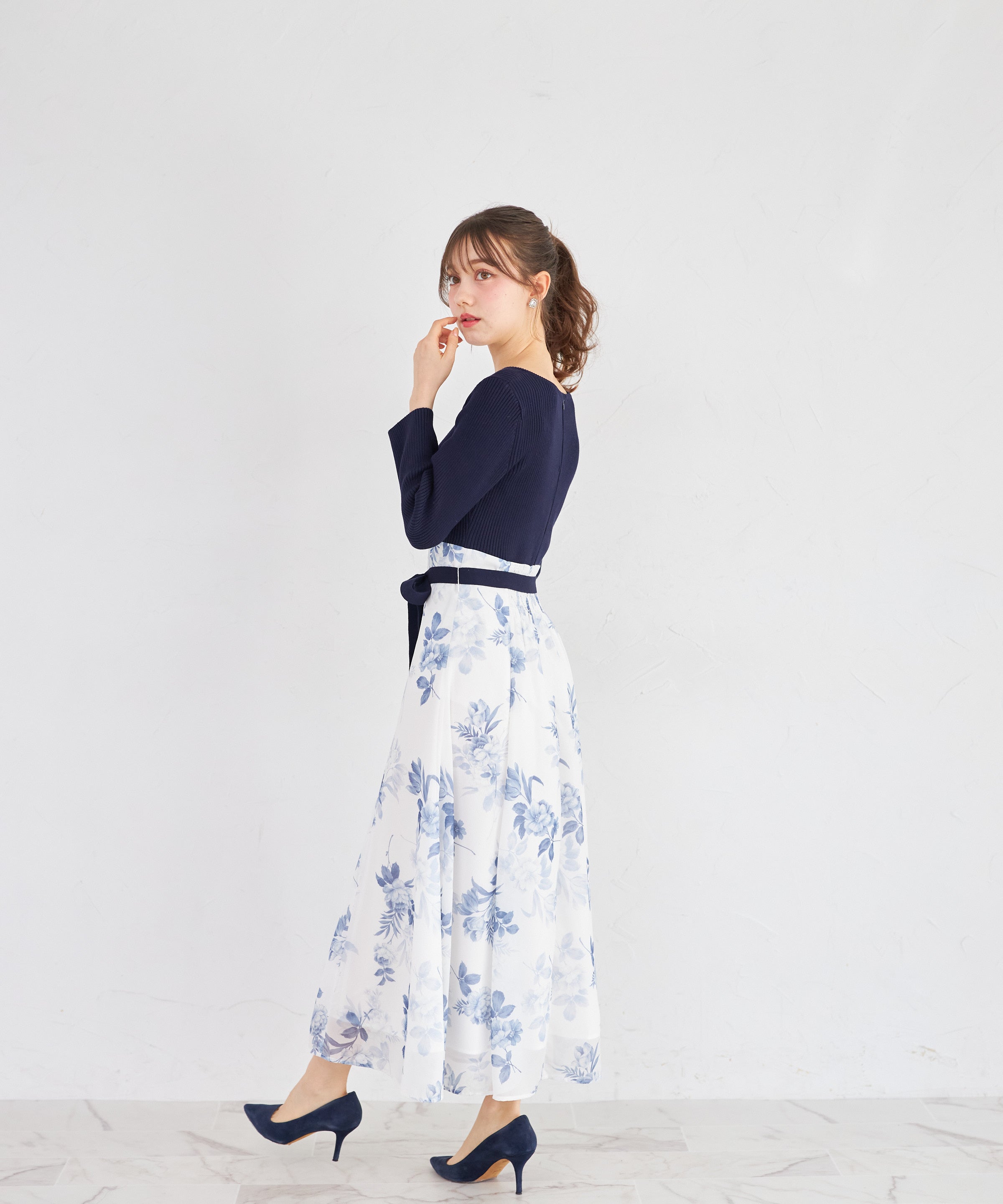 トッコクローゼット tocco closet ニットドッキングフラワーOP ネイビー