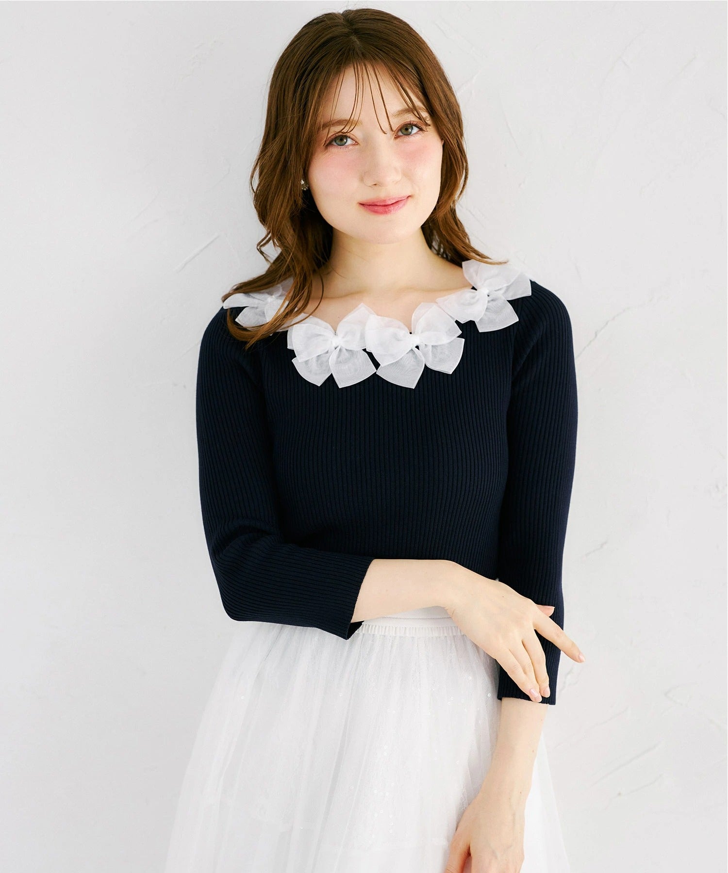 トッコクローゼット tocco closet シアーリボン付き七分袖リブニットプルオーバー? ネイビー