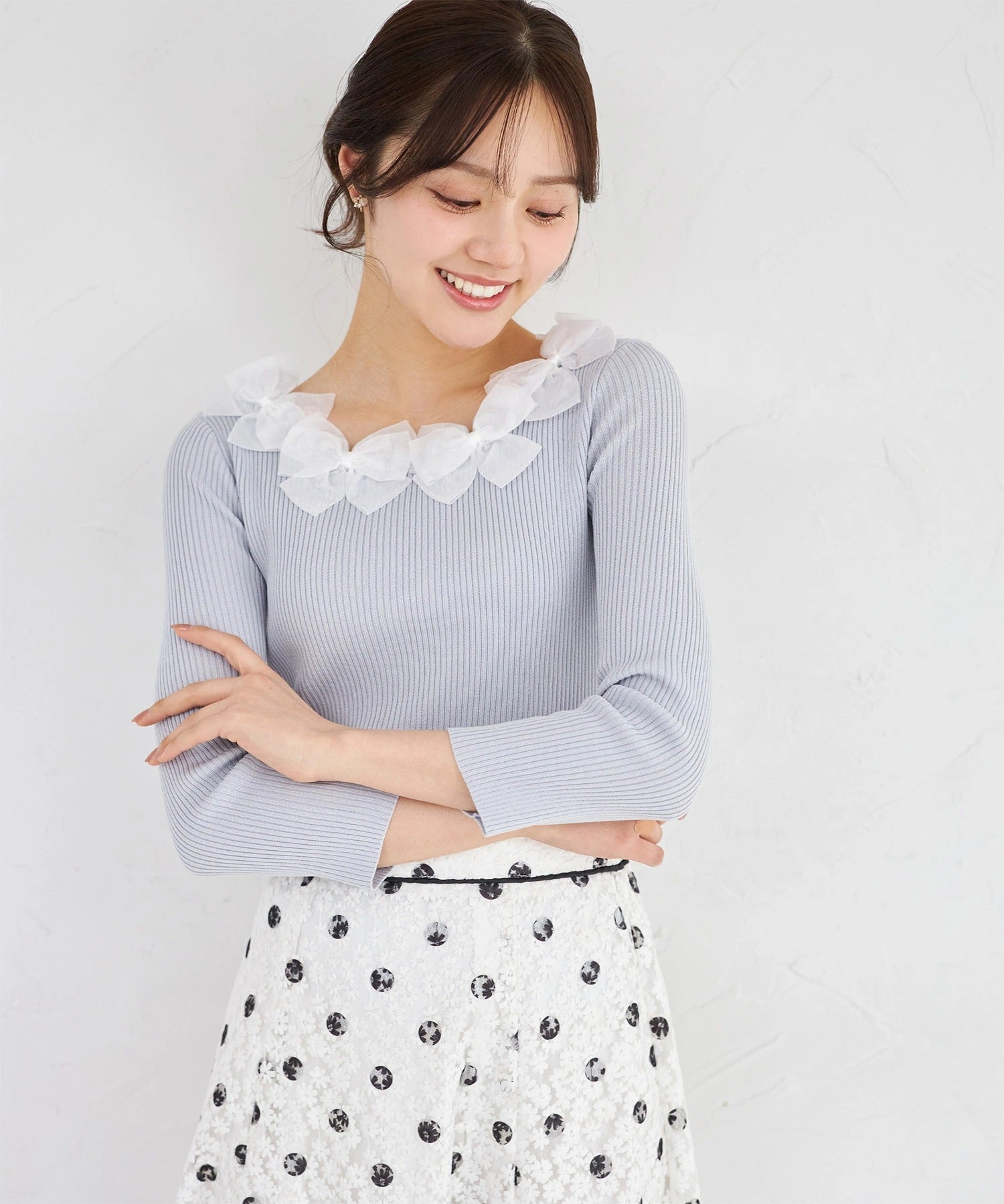 トッコクローゼット tocco closet シアーリボン付き七分袖リブニットプルオーバー? ブルー