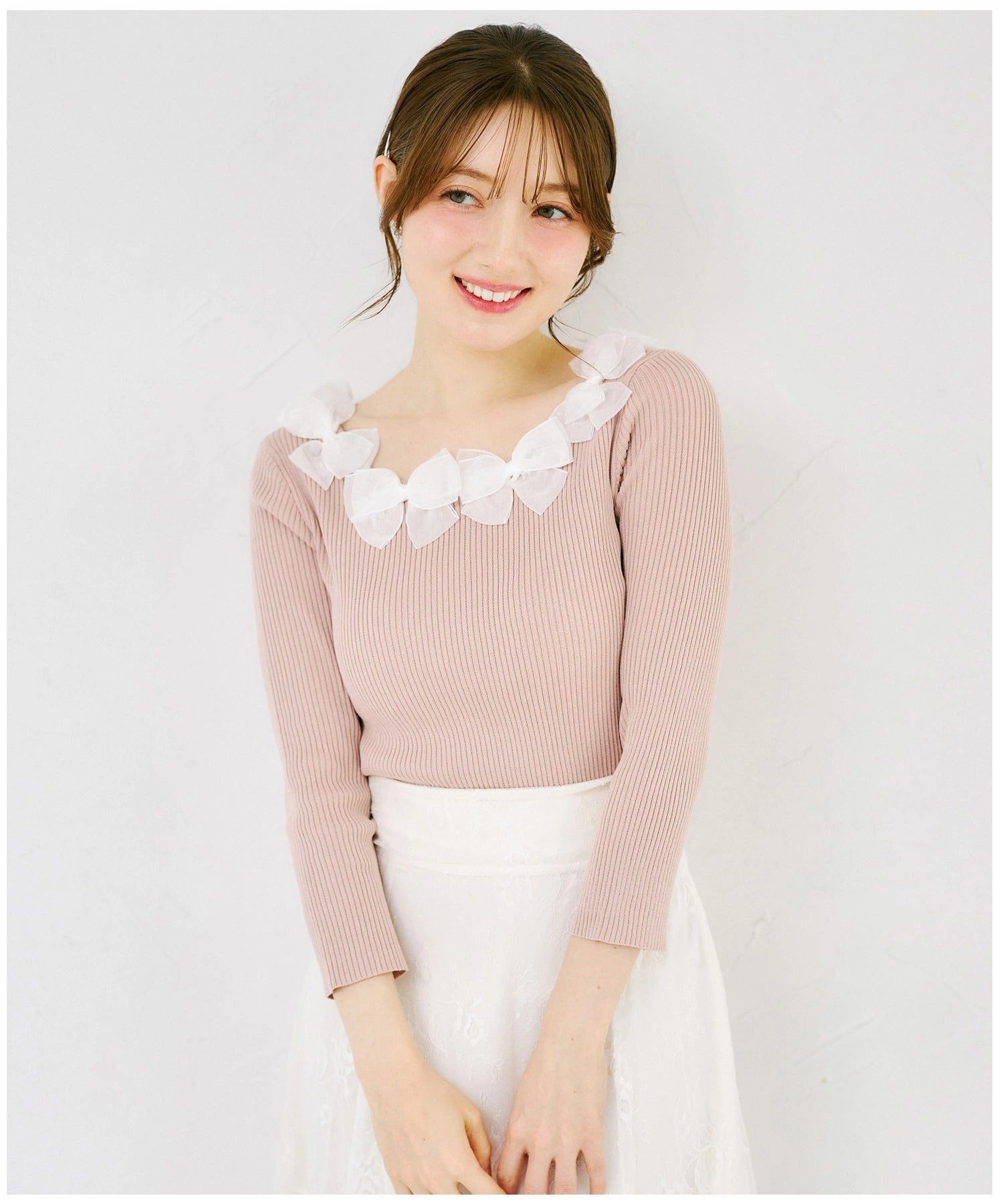 トッコクローゼット tocco closet シアーリボン付き七分袖リブニットプルオーバー? ピンク