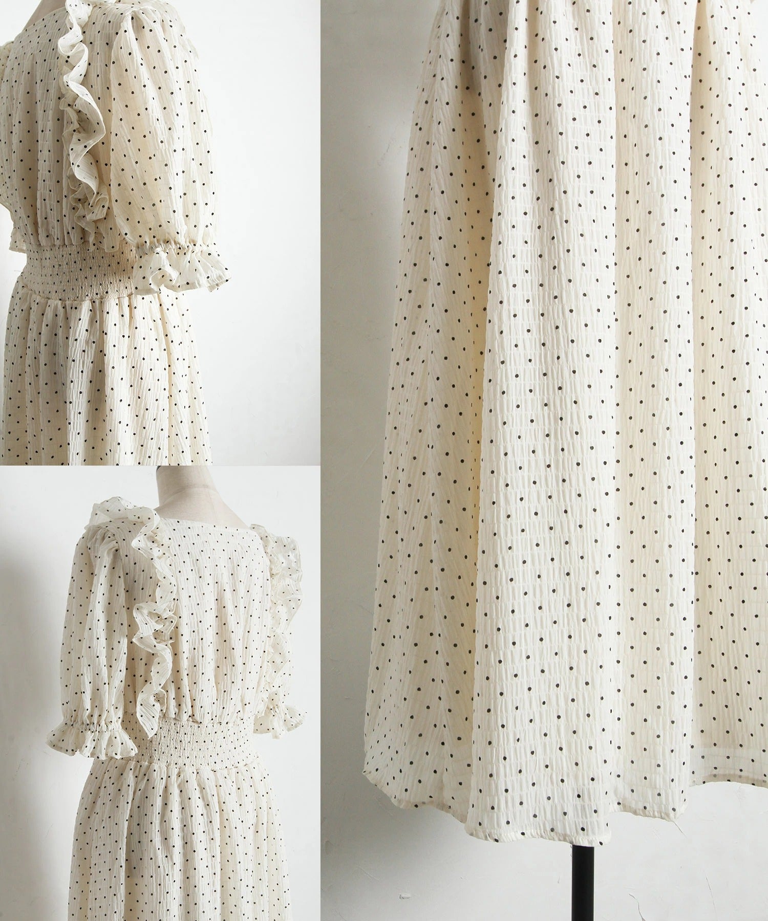 トッコクローゼット tocco closet リボン＆フリル付きウエストシャーリングドットワンピース ホワイト