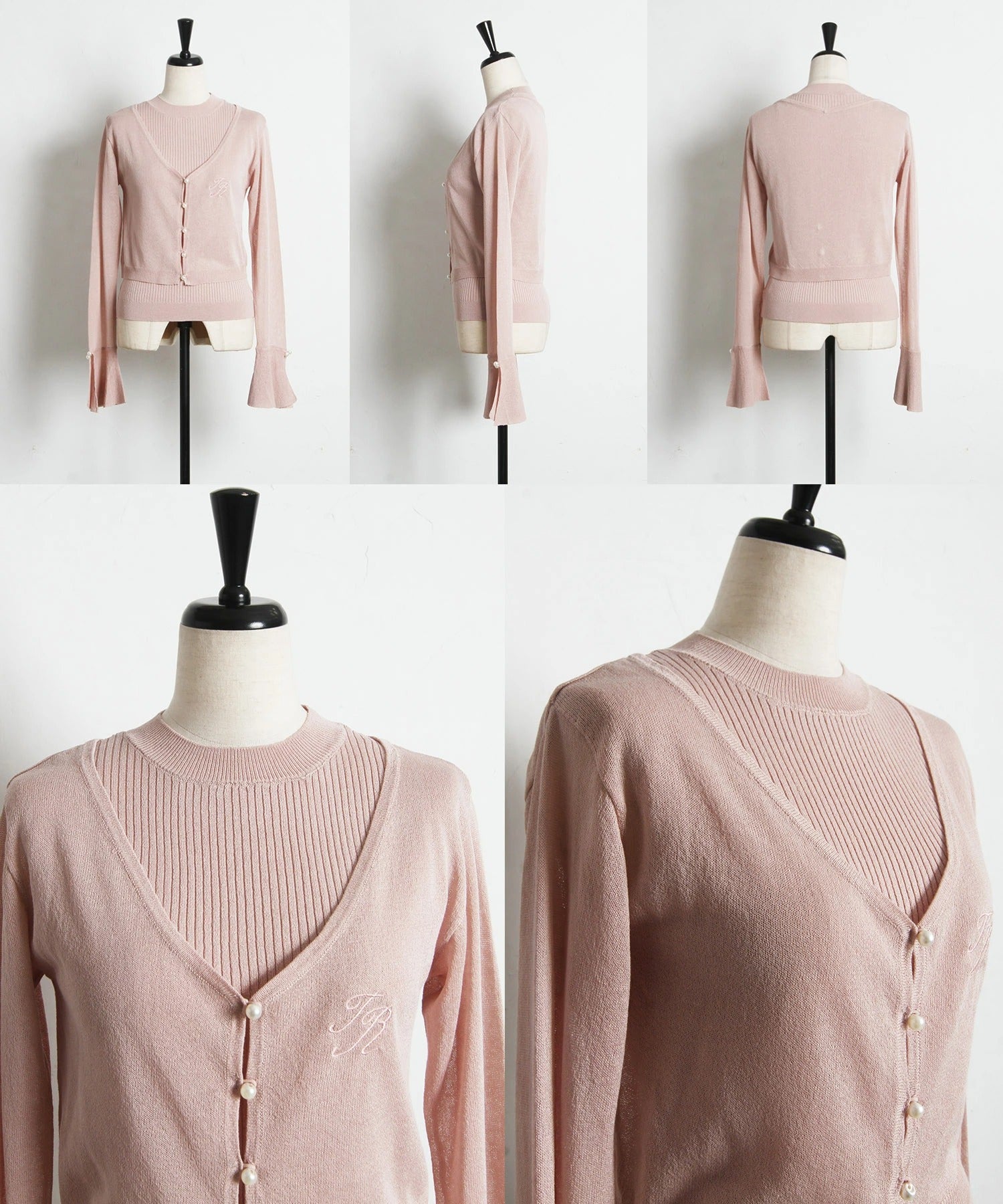 トッコクローゼット tocco closet リブニットトップス×刺繍入りパール釦シアーニットカーディガンのアンサンブル ホワイト