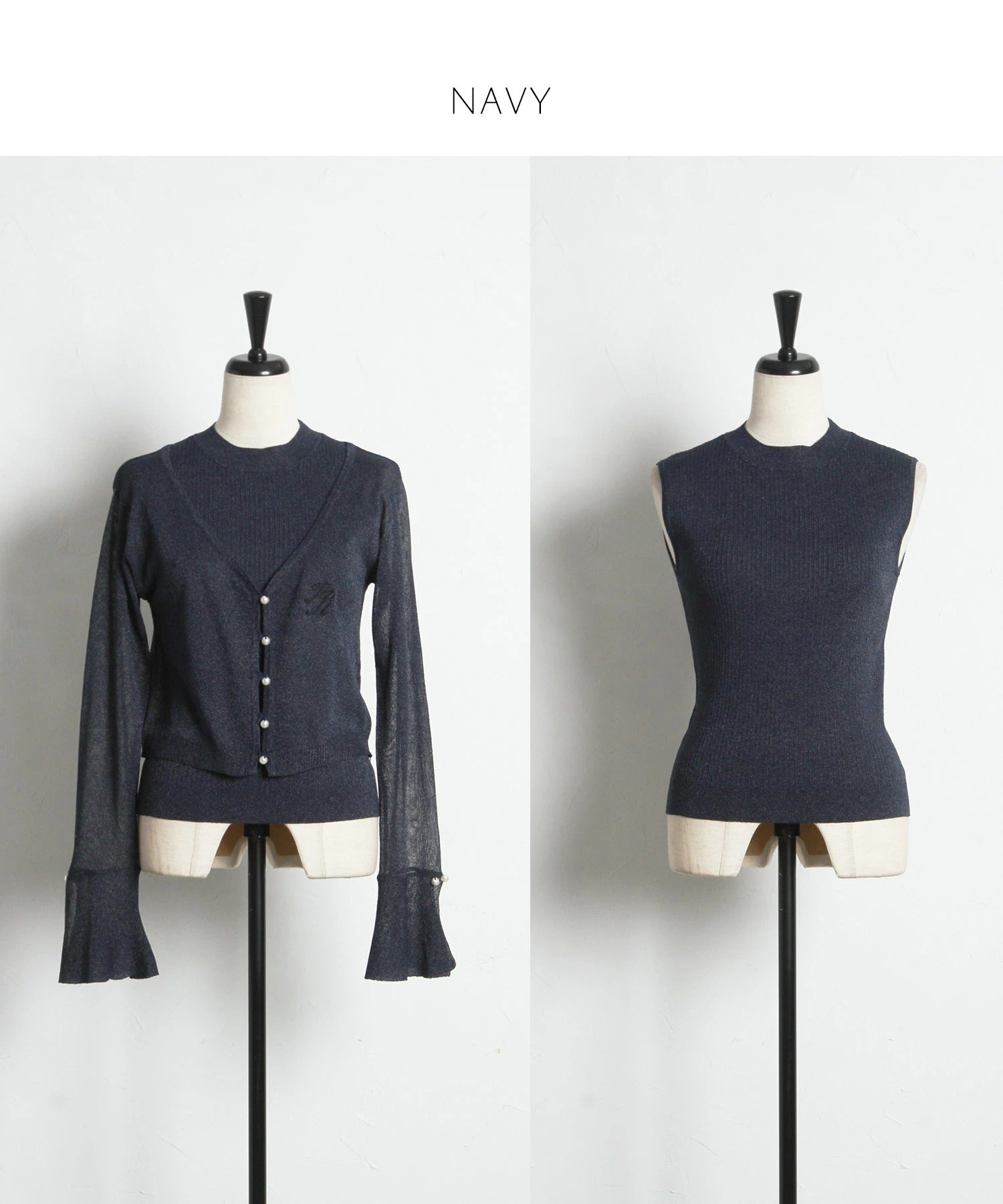 トッコクローゼット tocco closet リブニットトップス×刺繍入りパール釦シアーニットカーディガンのアンサンブル ホワイト