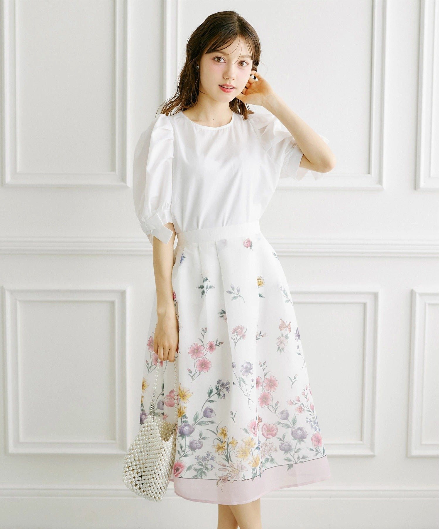 トッコクローゼット tocco closet ラメオーガンジー パネルフラワータックフレアSK ピンク