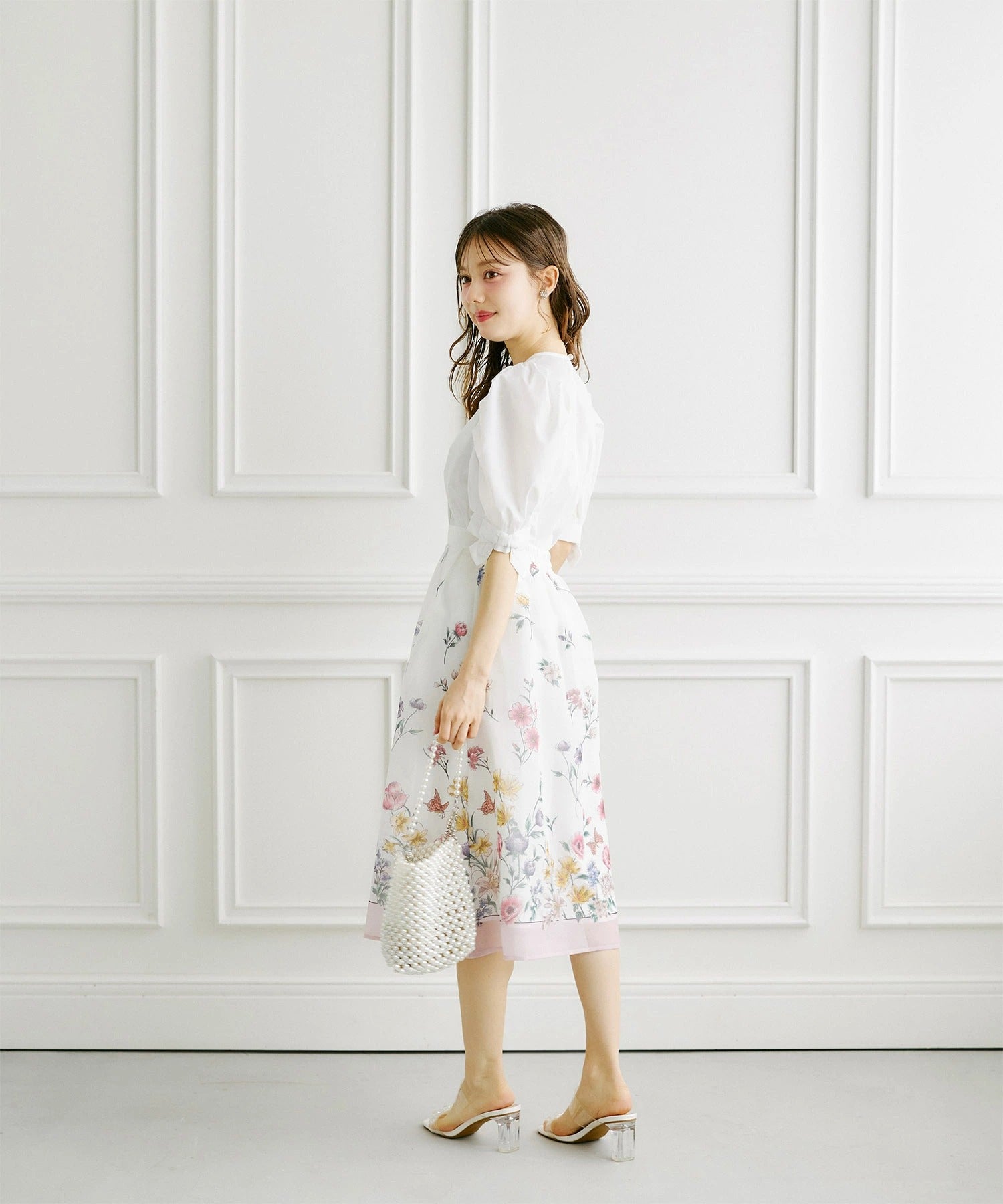 トッコクローゼット tocco closet ラメオーガンジー パネルフラワータックフレアSK ピンク