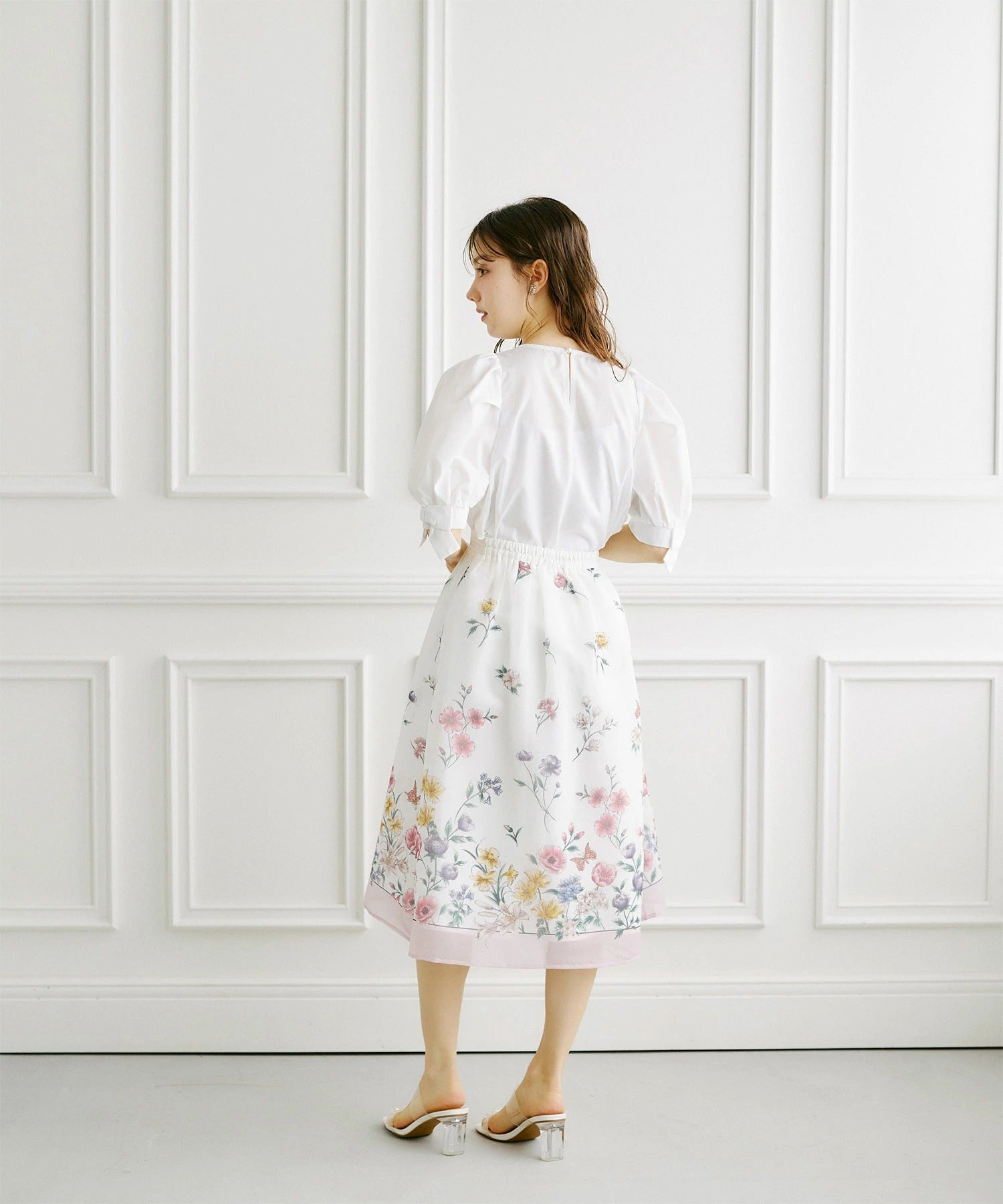 トッコクローゼット tocco closet ラメオーガンジー パネルフラワータックフレアSK ピンク