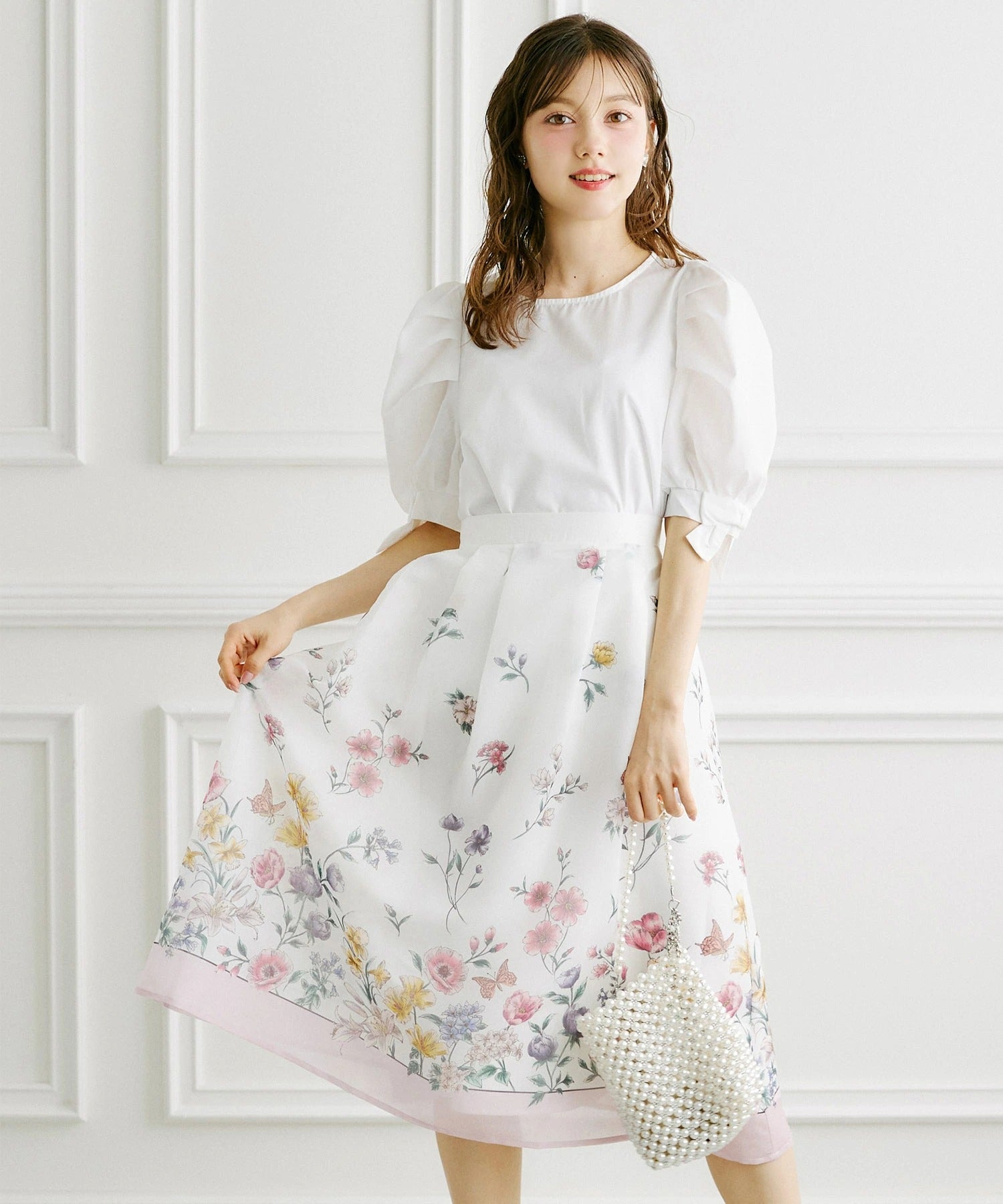 トッコクローゼット tocco closet ラメオーガンジー パネルフラワータックフレアSK ピンク