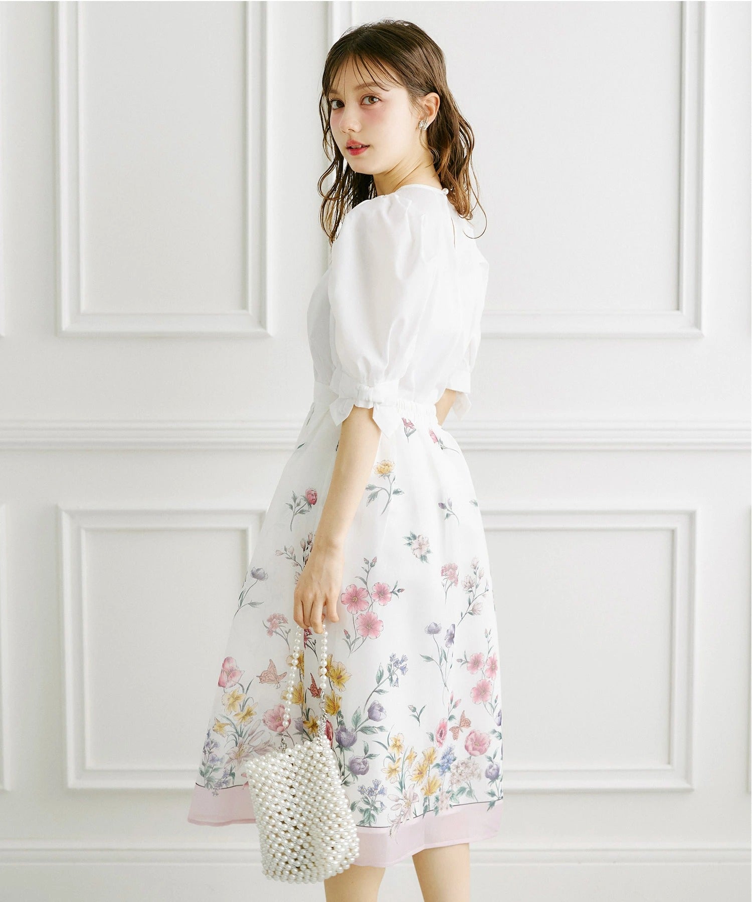 トッコクローゼット tocco closet ラメオーガンジー パネルフラワータックフレアSK ピンク