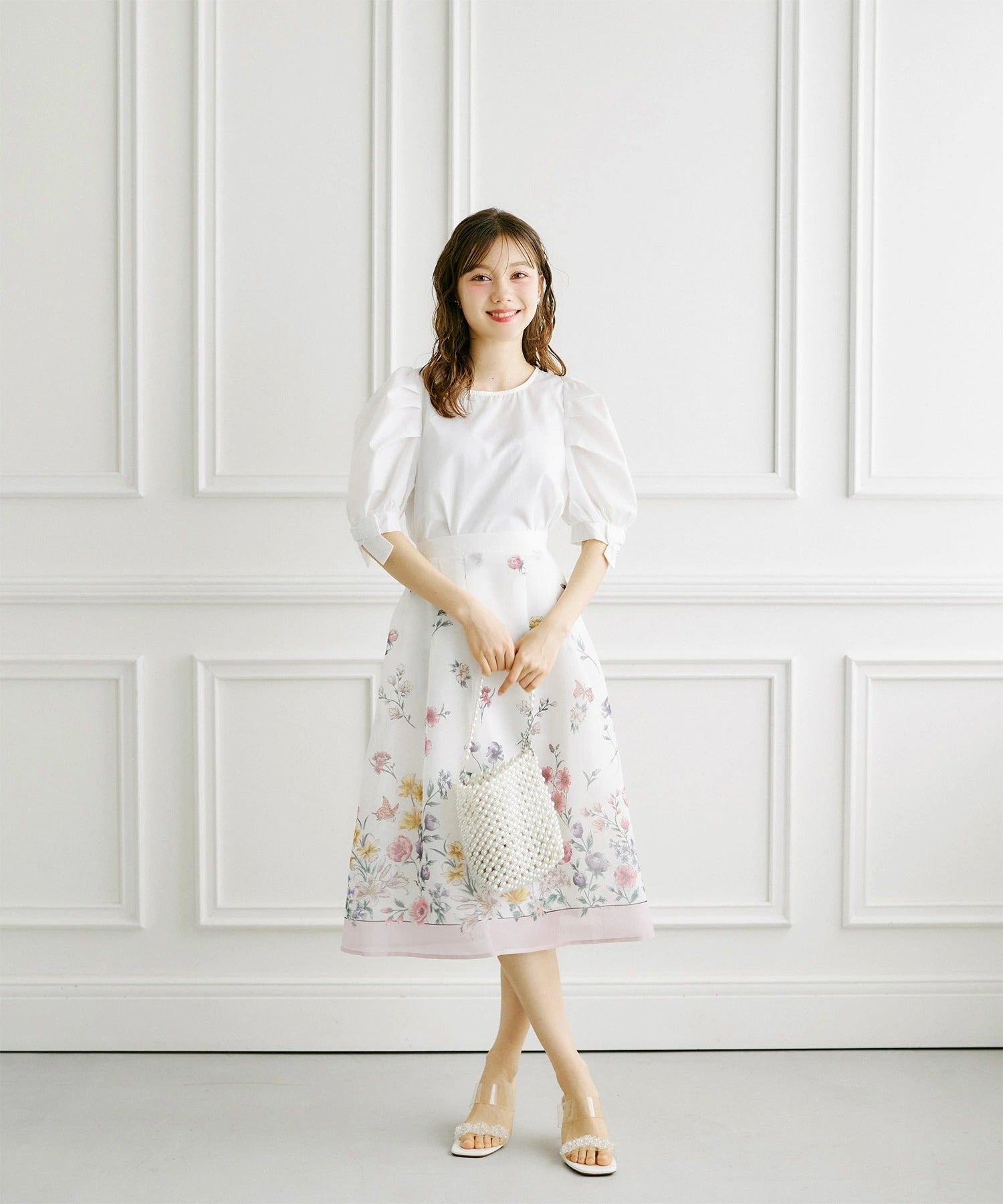 トッコクローゼット tocco closet ラメオーガンジー パネルフラワータックフレアSK ピンク