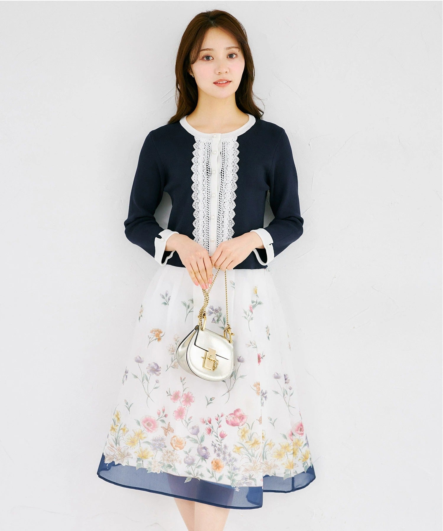 トッコクローゼット tocco closet ラメオーガンジー パネルフラワータックフレアSK ネイビー