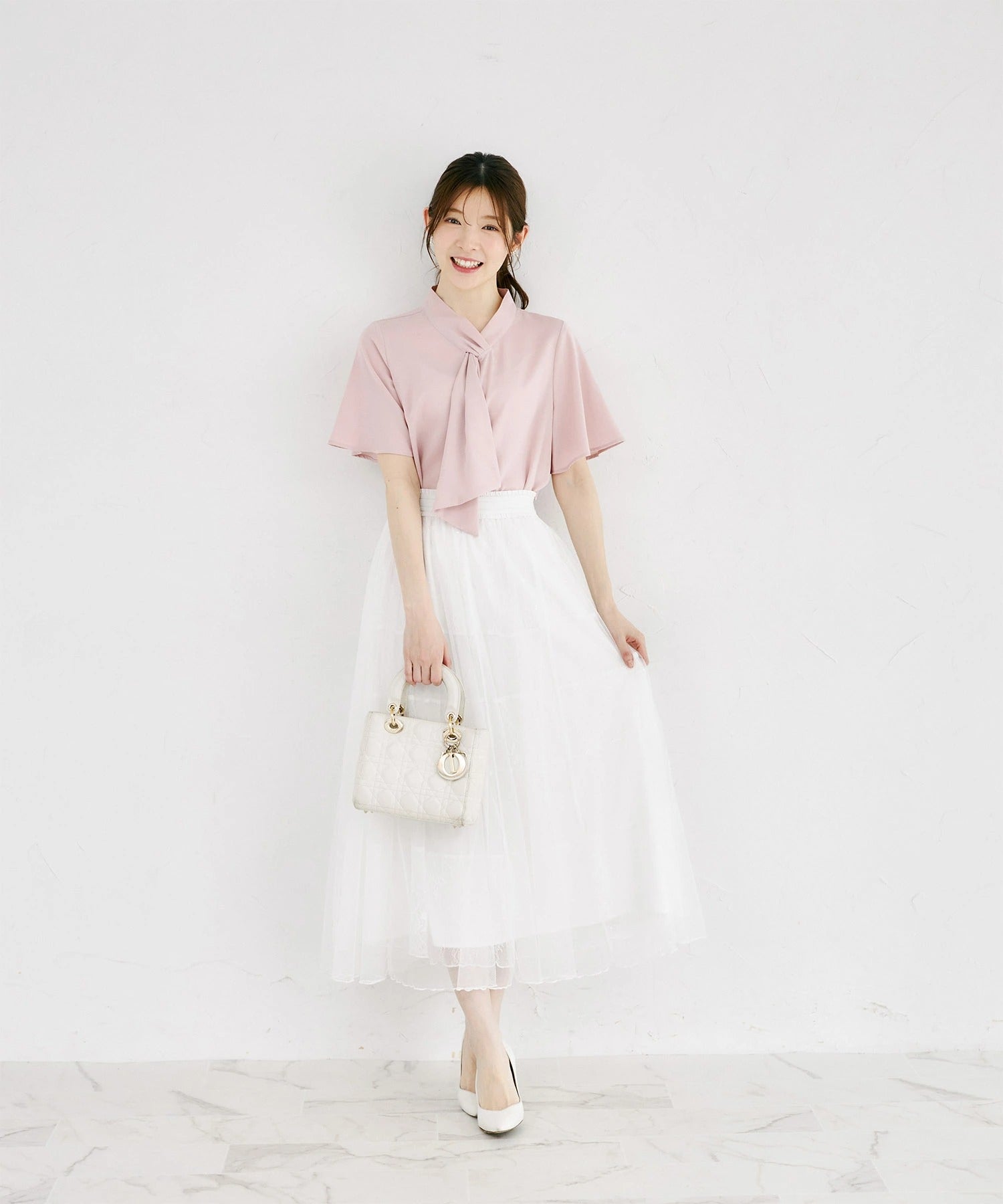 トッコクローゼット tocco closet ラッフルボウタイフレアスリーブブラウス ピンク