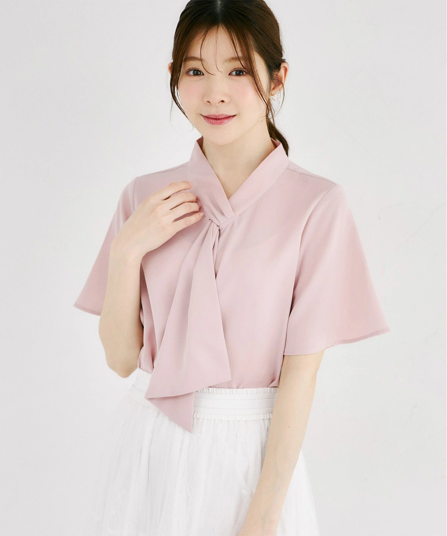 トッコクローゼット tocco closet ラッフルボウタイフレアスリーブブラウス ピンク