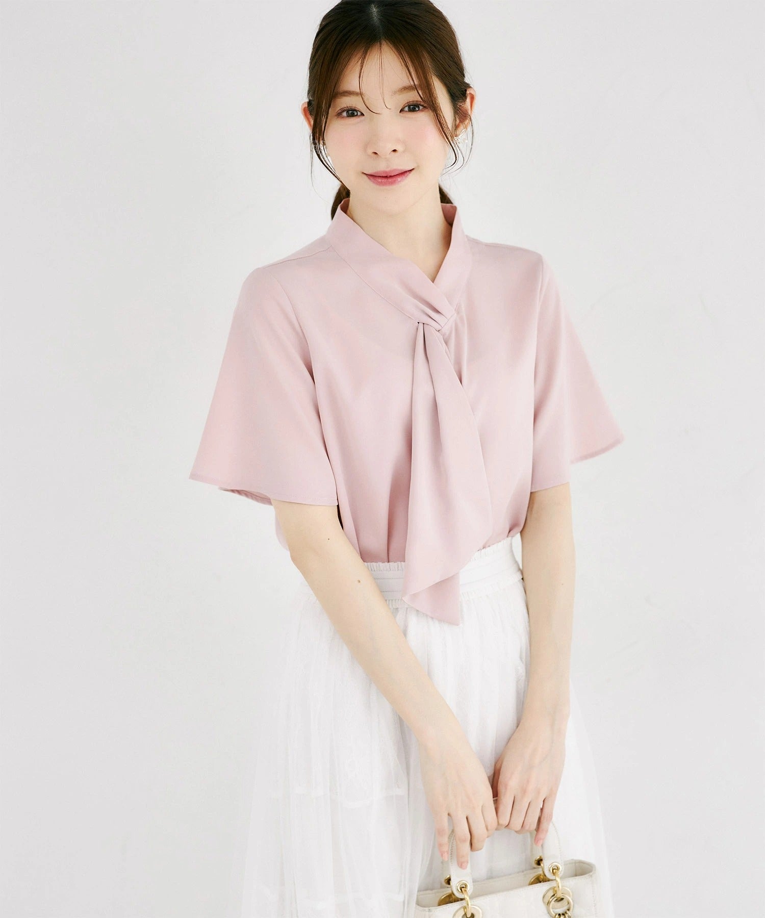 トッコクローゼット tocco closet ラッフルボウタイフレアスリーブブラウス ピンク