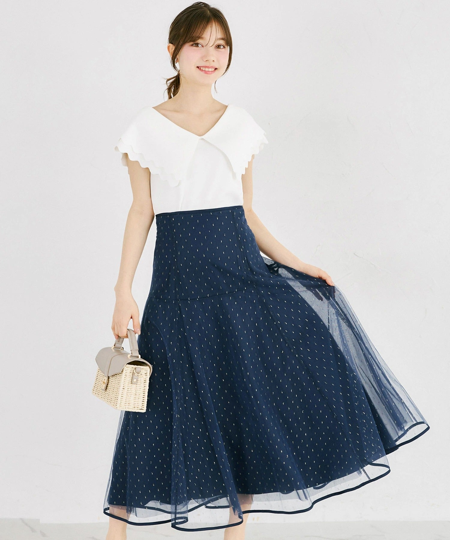 トッコクローゼット tocco closet ドットフレアチュールスカート ネイビー