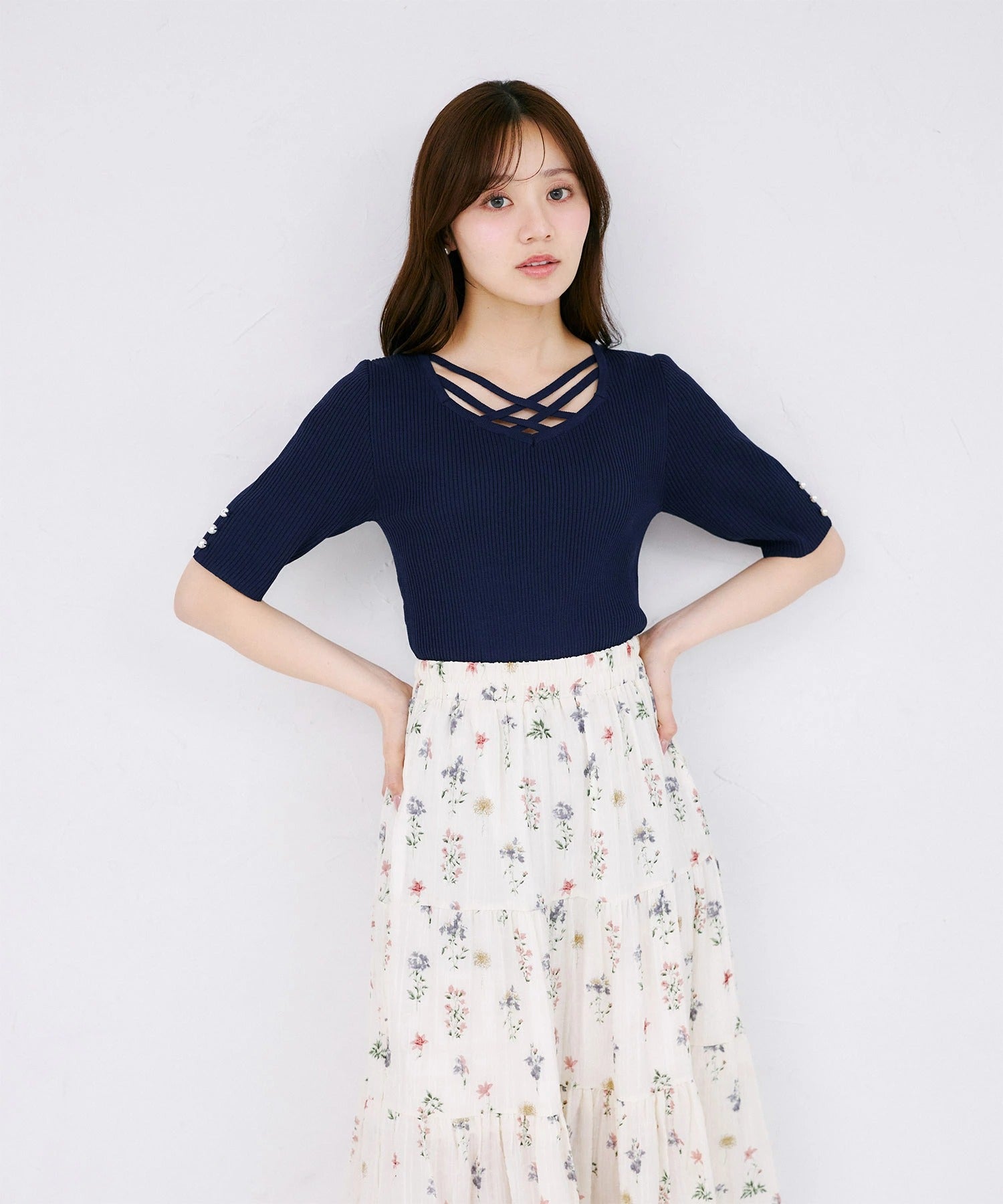 トッコクローゼット tocco closet 五分袖クロスネックニットプルオーバー ネイビー