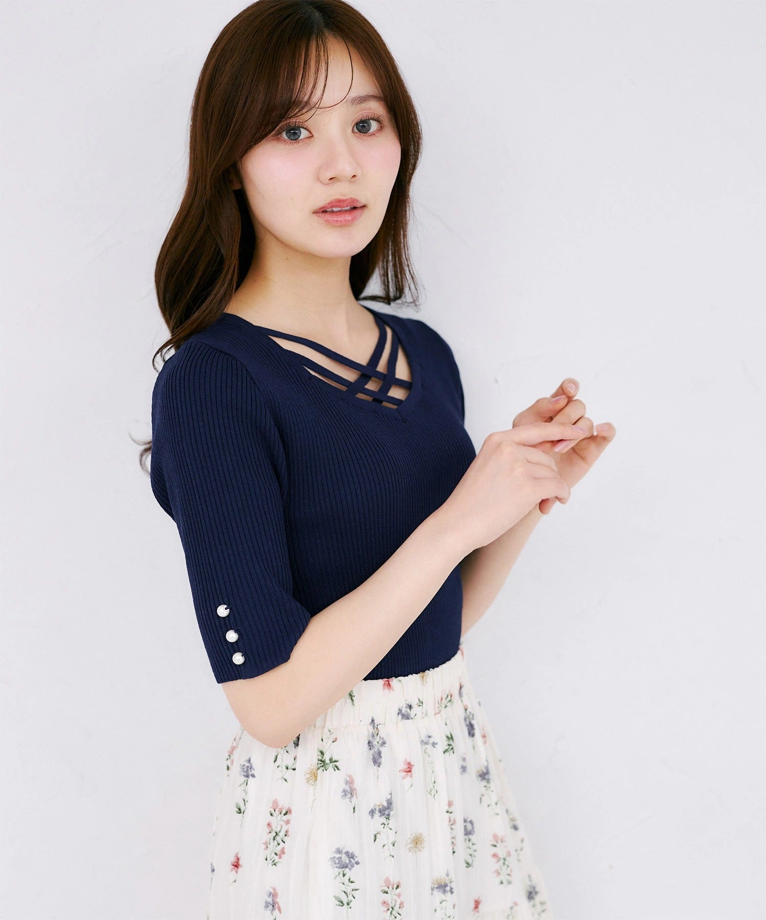 トッコクローゼット tocco closet 五分袖クロスネックニットプルオーバー ネイビー