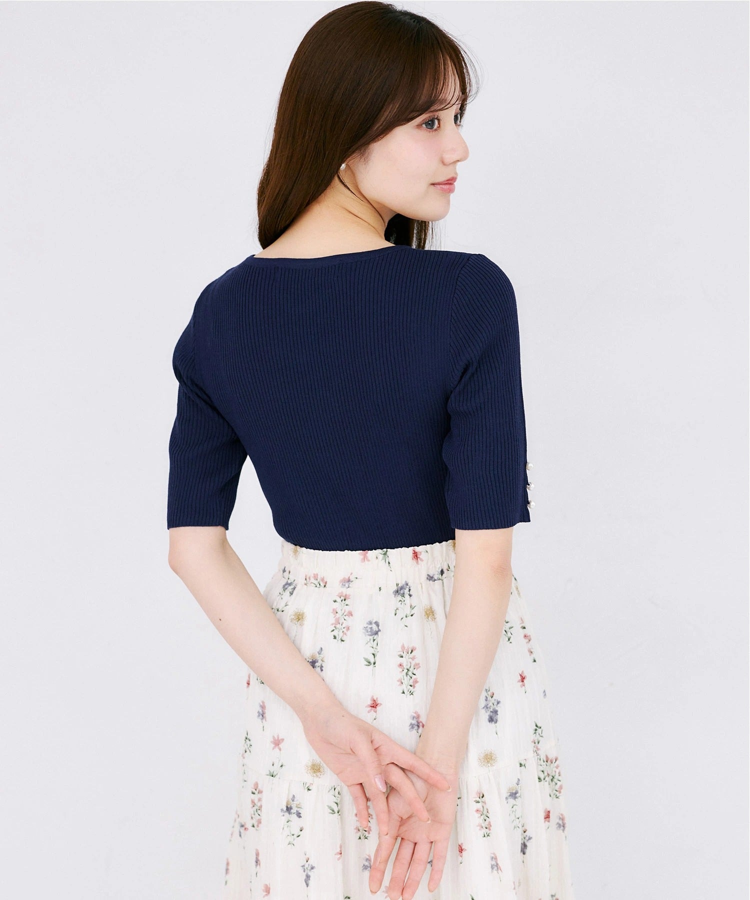 トッコクローゼット tocco closet 五分袖クロスネックニットプルオーバー ネイビー