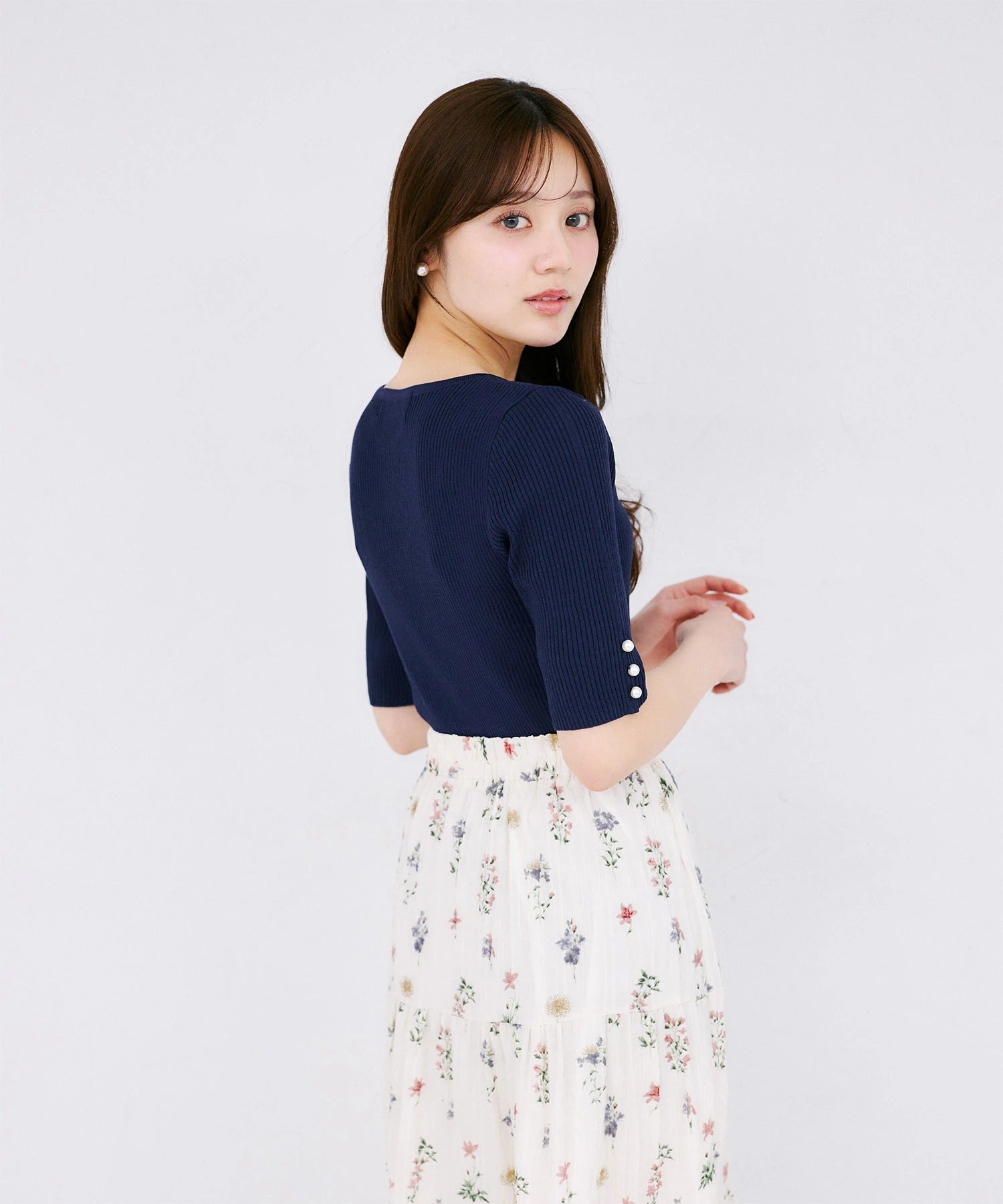 トッコクローゼット tocco closet 五分袖クロスネックニットプルオーバー ネイビー