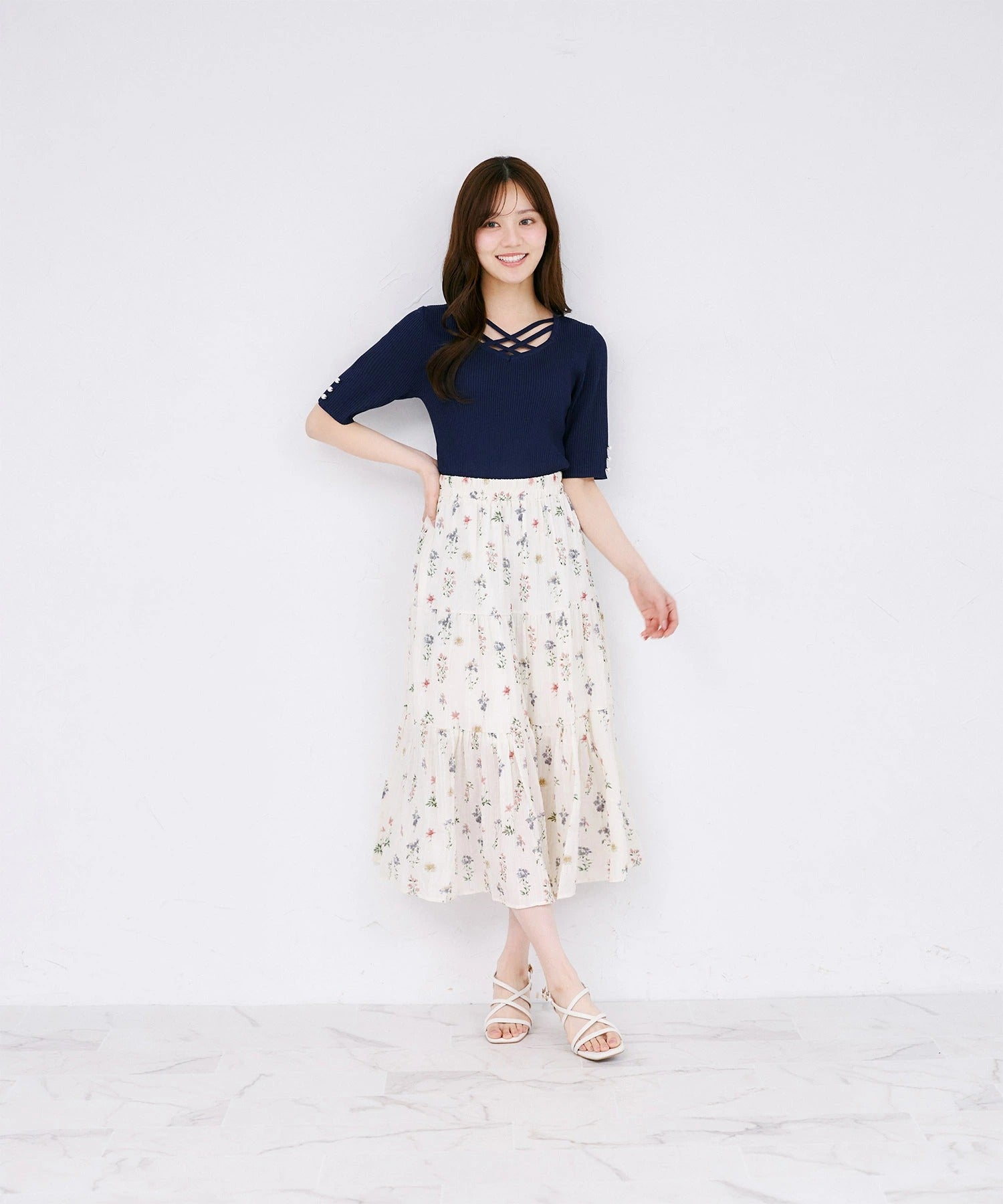 トッコクローゼット tocco closet 五分袖クロスネックニットプルオーバー ネイビー