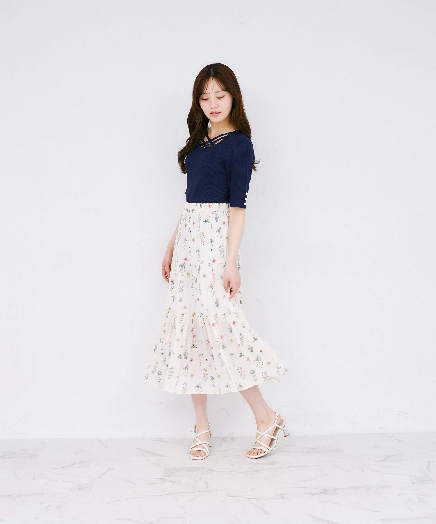 トッコクローゼット tocco closet 五分袖クロスネックニットプルオーバー ネイビー