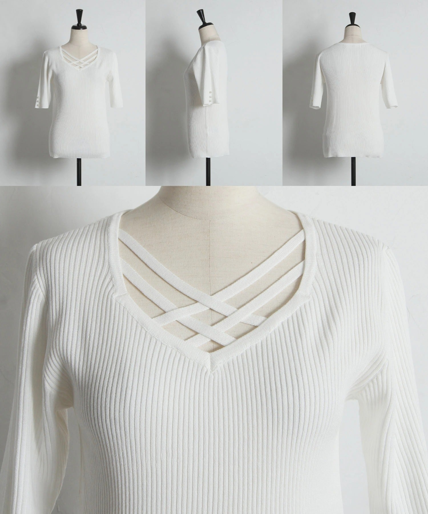 トッコクローゼット tocco closet 五分袖クロスネックニットプルオーバー ネイビー