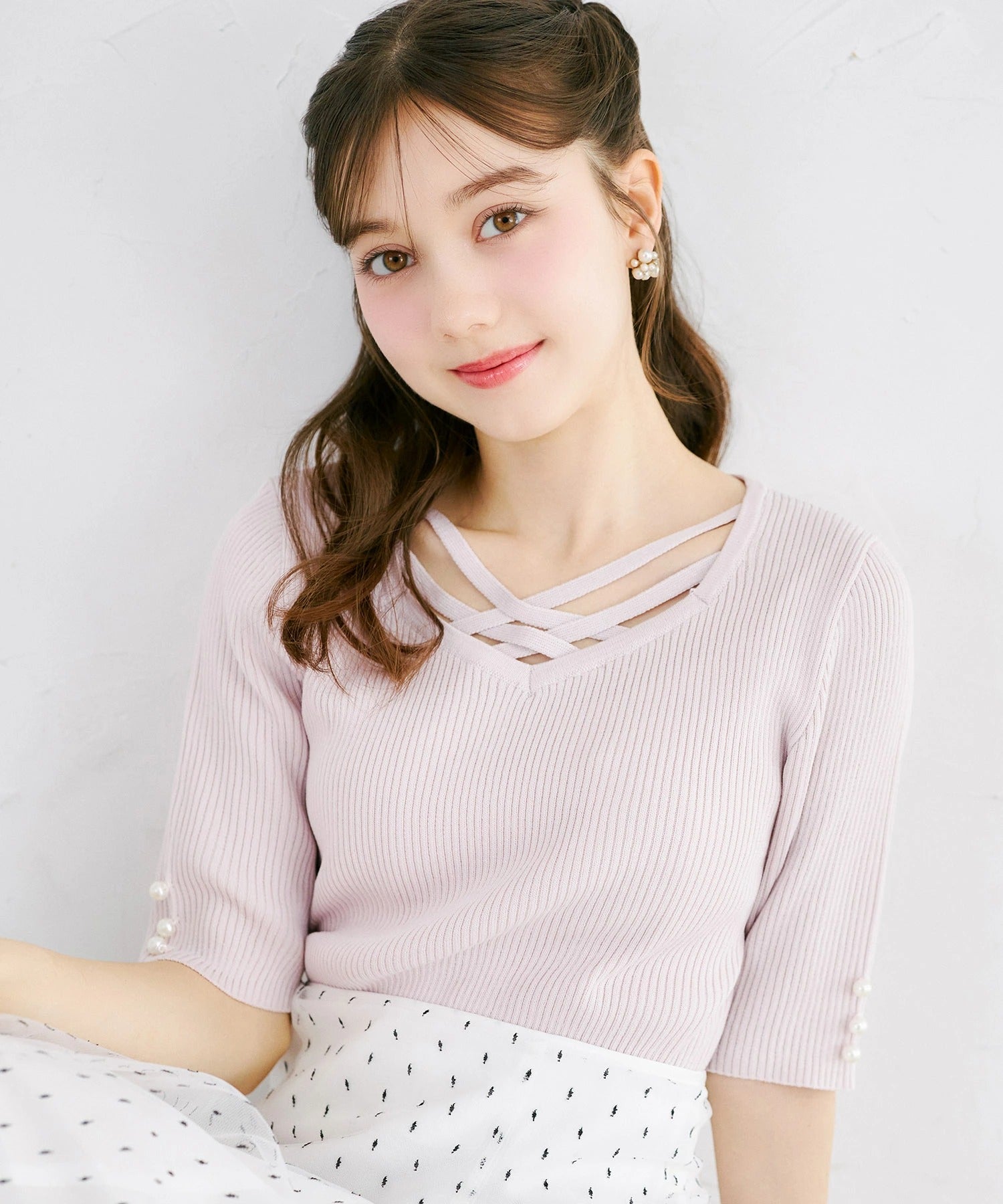 トッコクローゼット tocco closet 五分袖クロスネックニットプルオーバー ピンク
