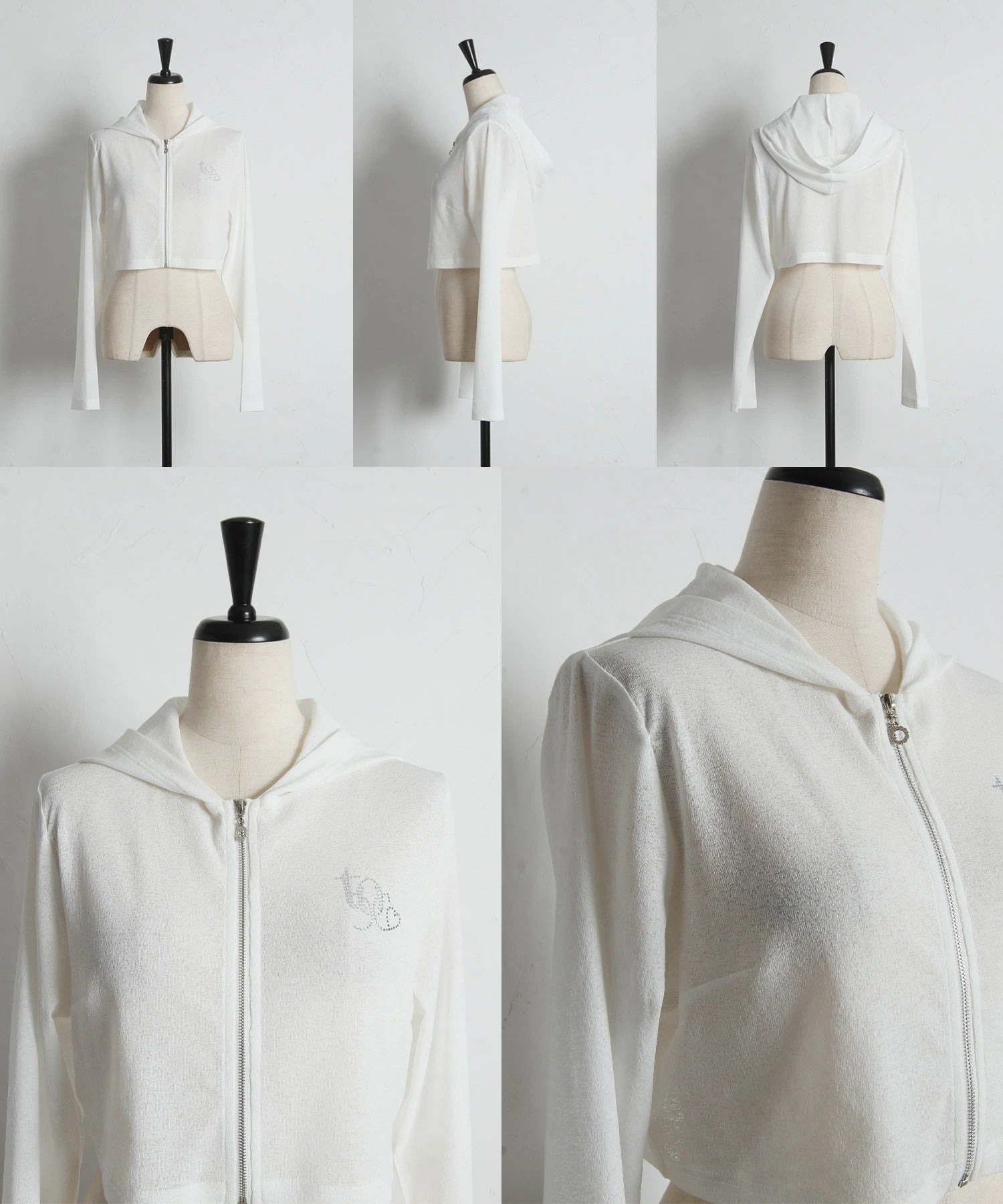 トッコクローゼット tocco closet ホットフィックスビジューロゴ入り梨地シアーショート丈パーカー ネイビー