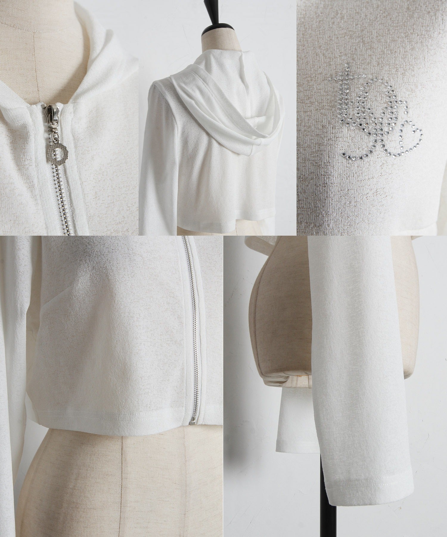 トッコクローゼット tocco closet ホットフィックスビジューロゴ入り梨地シアーショート丈パーカー ネイビー