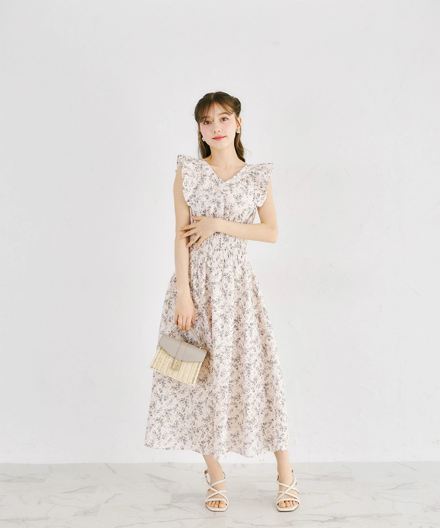 トッコクローゼット tocco closet フラワープリントレースカシュクールワンピース ピンク