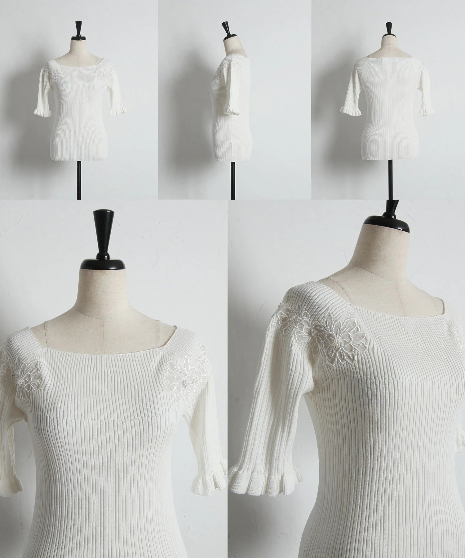 トッコクローゼット tocco closet ビジュー×フラワー刺繍リブニットプルオーバー ホワイト
