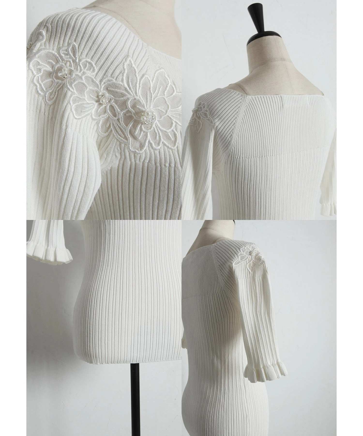 トッコクローゼット tocco closet ビジュー×フラワー刺繍リブニットプルオーバー ホワイト