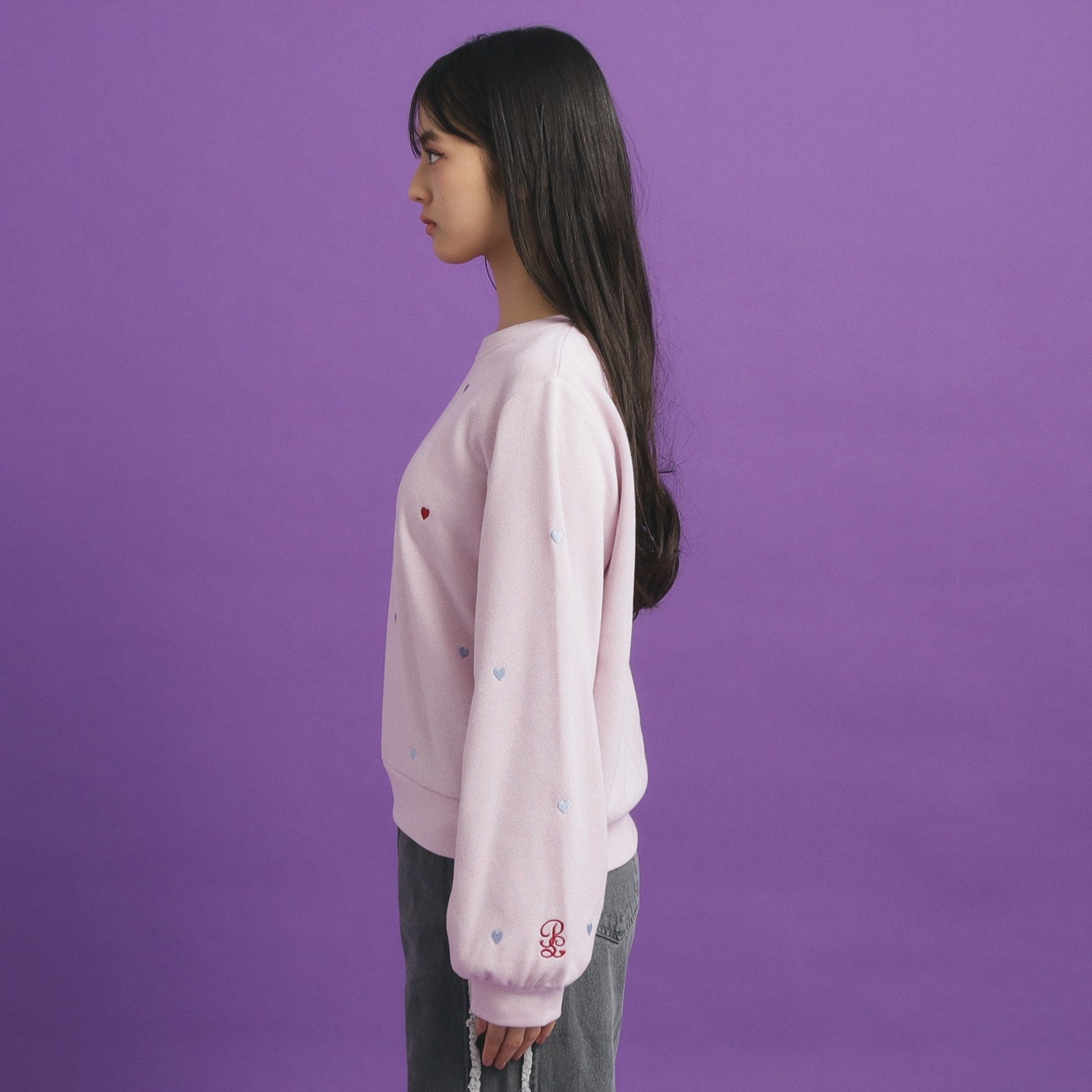 ピンク ラテ PINK-latte 総 刺繍ラメ裏毛トップス