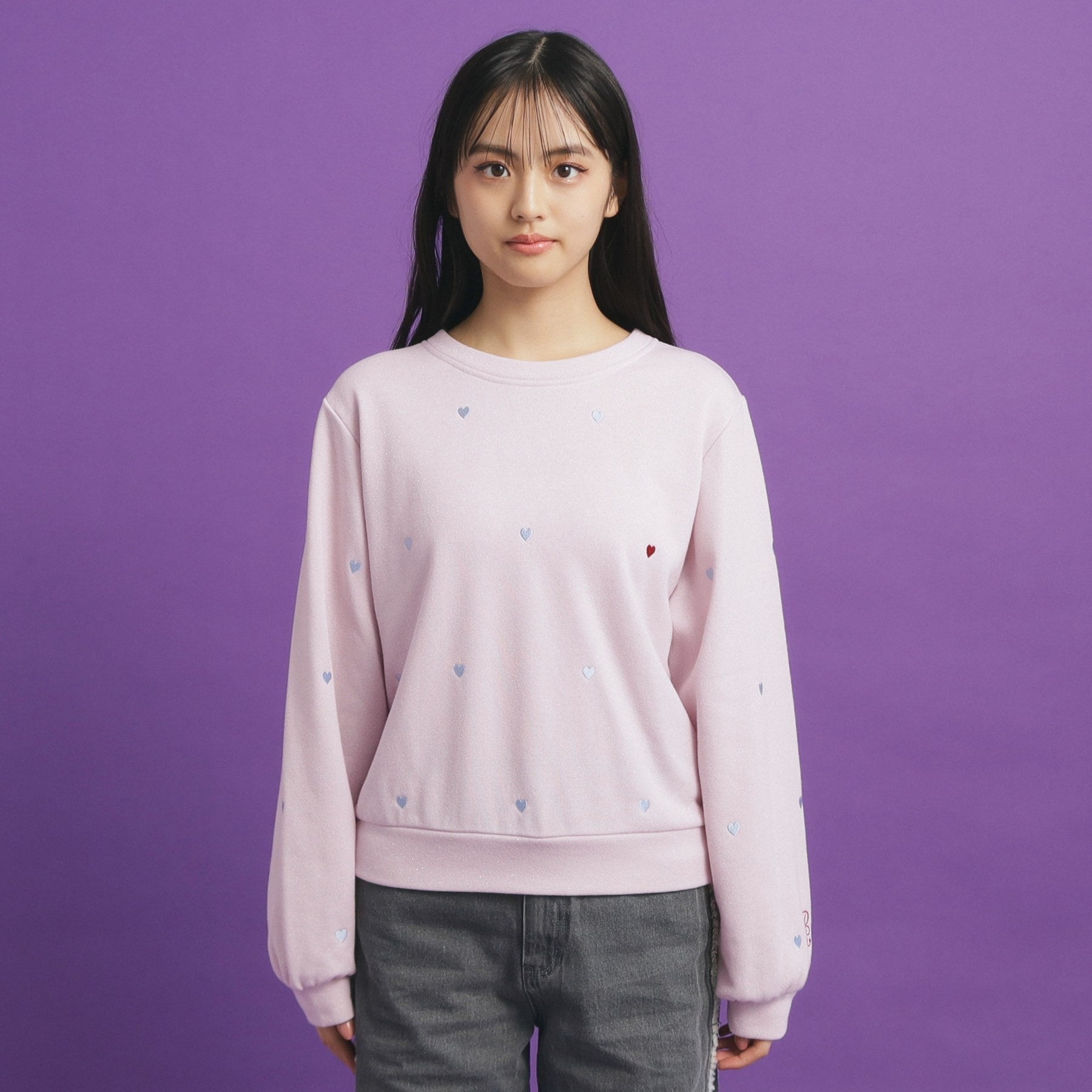 ピンク ラテ PINK-latte 総 刺繍ラメ裏毛トップス
