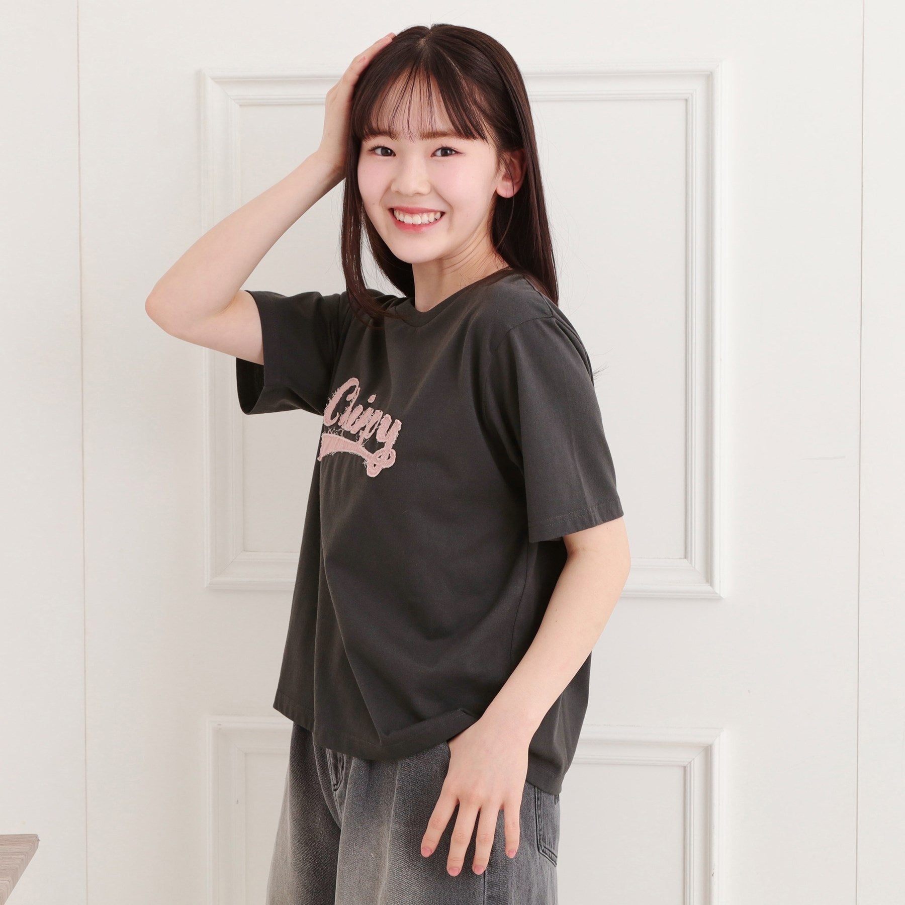 ピンク ラテ PINK-latte ツイルアップリケTシャツ （チャコールグレー(014)） チャコールグレー(014)