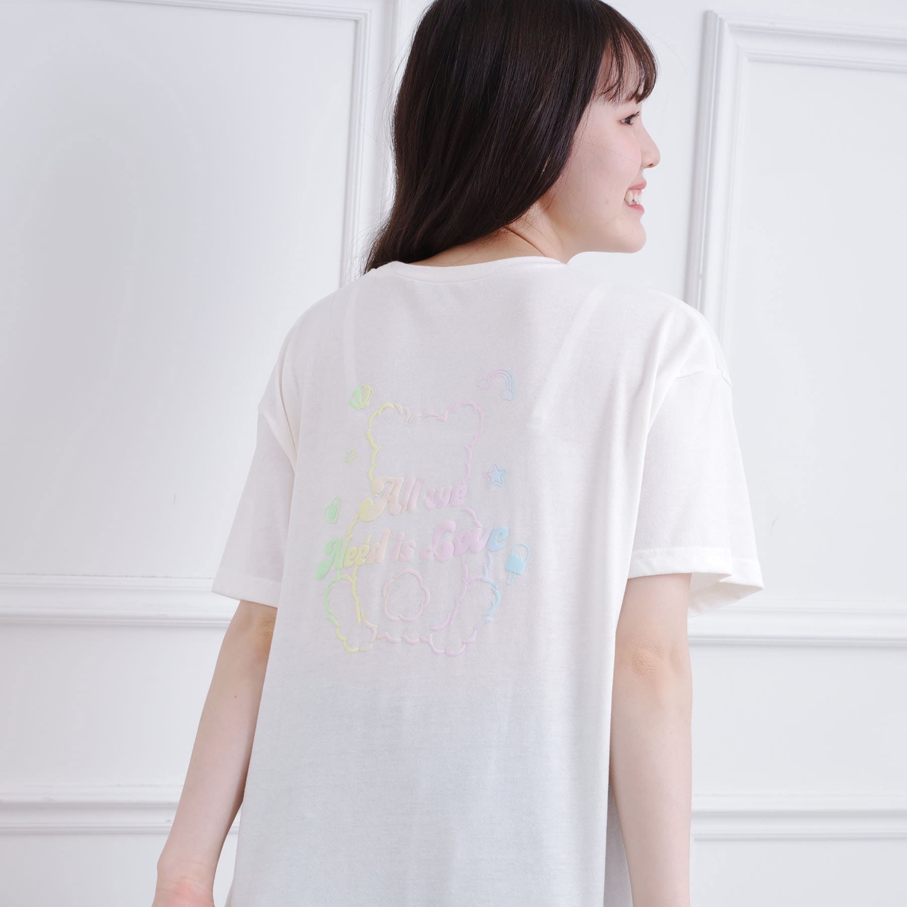 ピンク ラテ PINK-latte 接触冷感 グラデーションくまちゃん発砲ビッグTシャツ （チャコールグレー(014)） チャコールグレー(014)