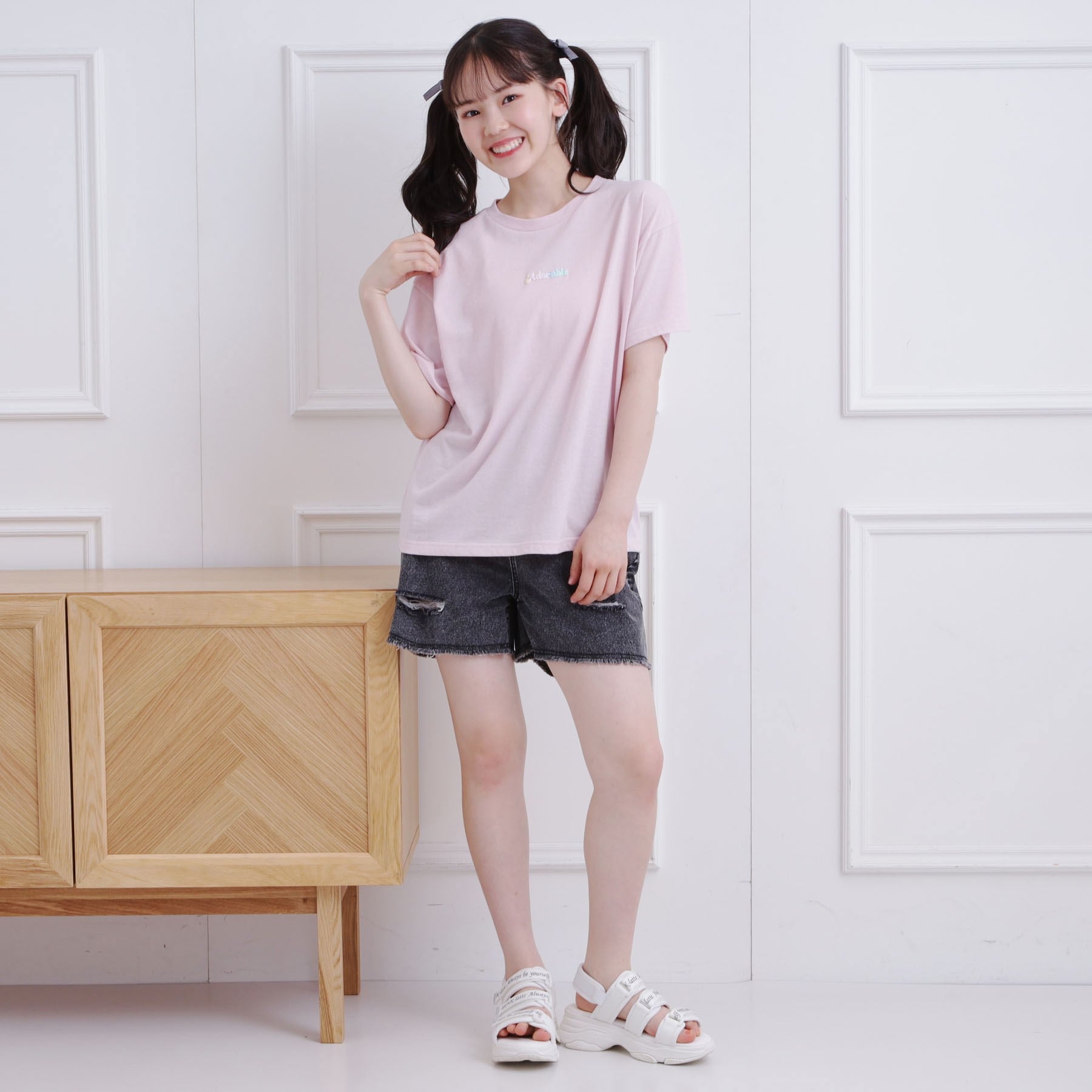 ピンク ラテ PINK-latte 接触冷感 グラデーションくまちゃん発砲ビッグTシャツ （チャコールグレー(014)） チャコールグレー(014)