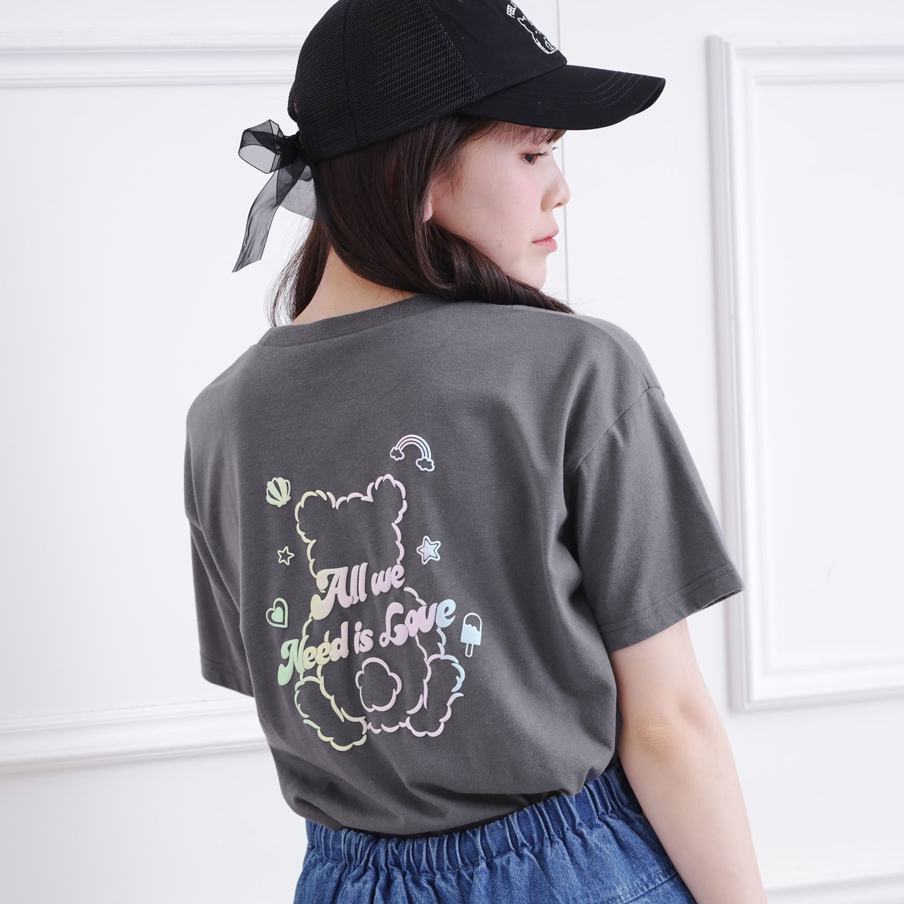 ピンク ラテ PINK-latte 接触冷感 グラデーションくまちゃん発砲ビッグTシャツ （チャコールグレー(014)） チャコールグレー(014)
