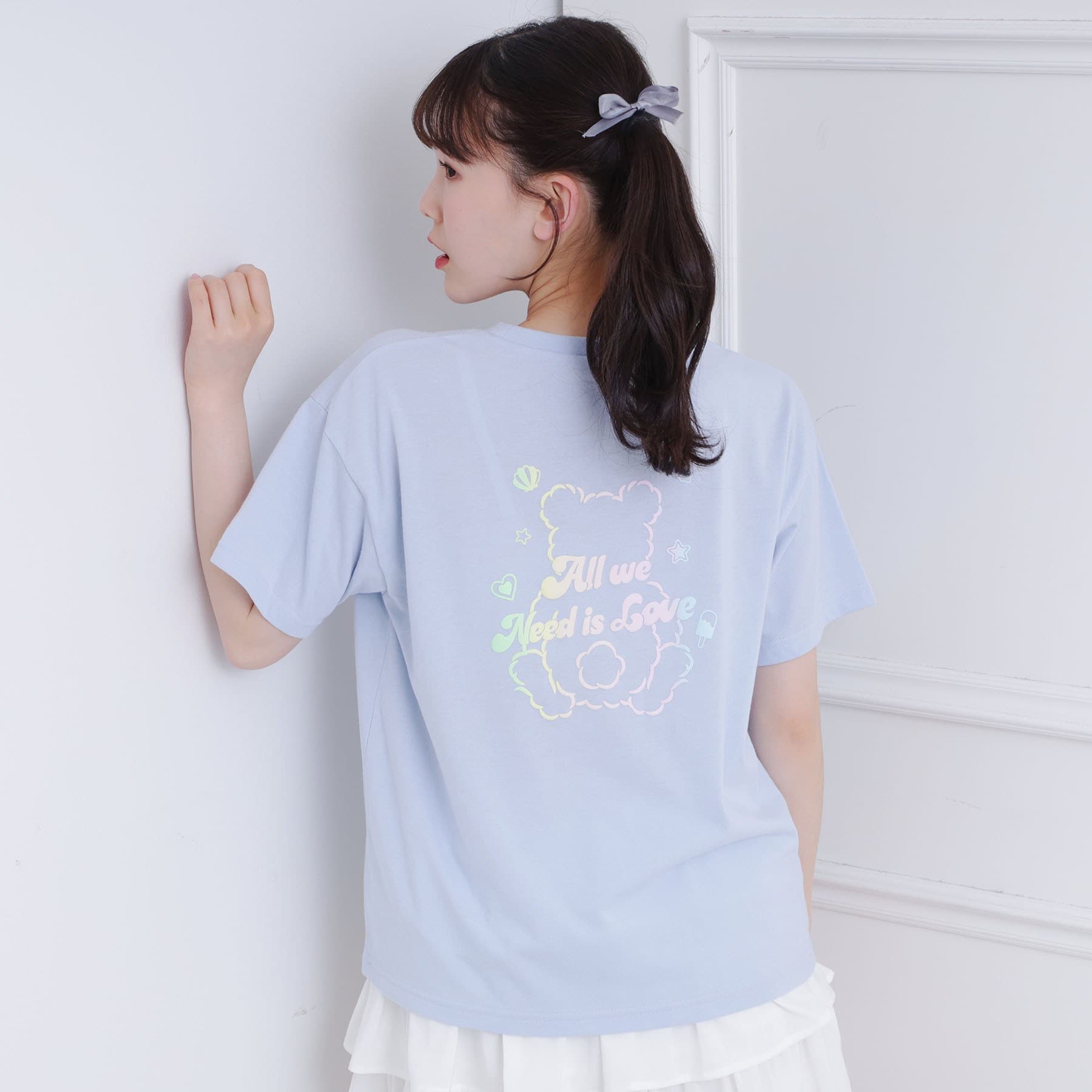 ピンク ラテ PINK-latte 接触冷感 グラデーションくまちゃん発砲ビッグTシャツ （サックスブルー(090)） サックスブルー(090)